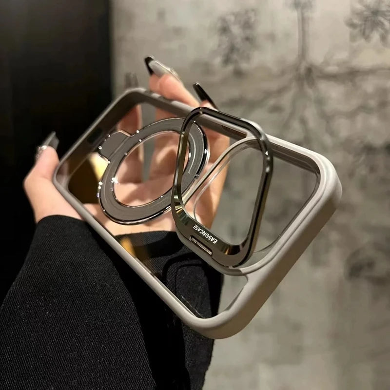 LuxuryKase LK176 Metal Camera Ring Kickstand Stand Transparent Mag-Safe Case Cover For iPhone