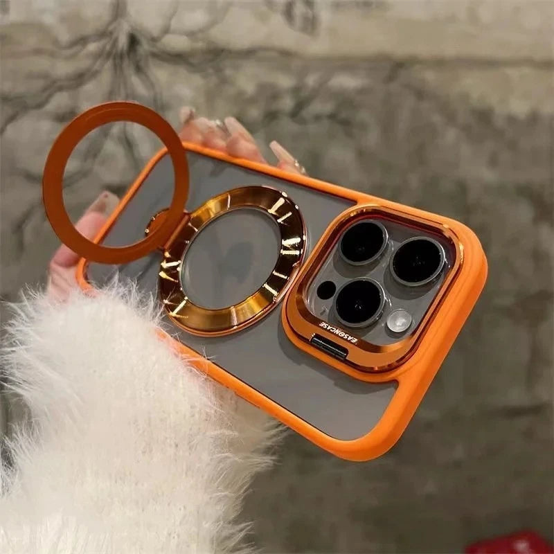 LuxuryKase LK176 Metal Camera Ring Kickstand Stand Transparent Mag-Safe Case Cover For iPhone