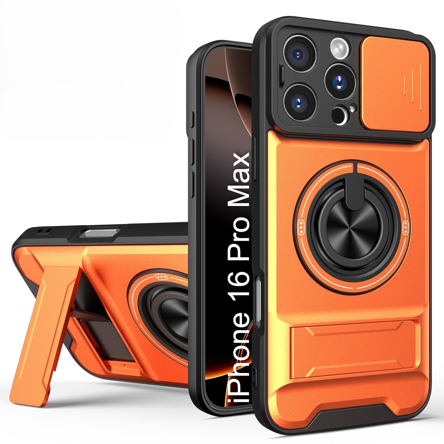 LuxuryKase Magnetic Armour Case | MagSafe Compatible | Sliding Camera Cover | 360° Finger Ring Holder | Built-In Bracket Stand | Hard PC Back & Soft TPU Bumper For iPhone & Samsung Series