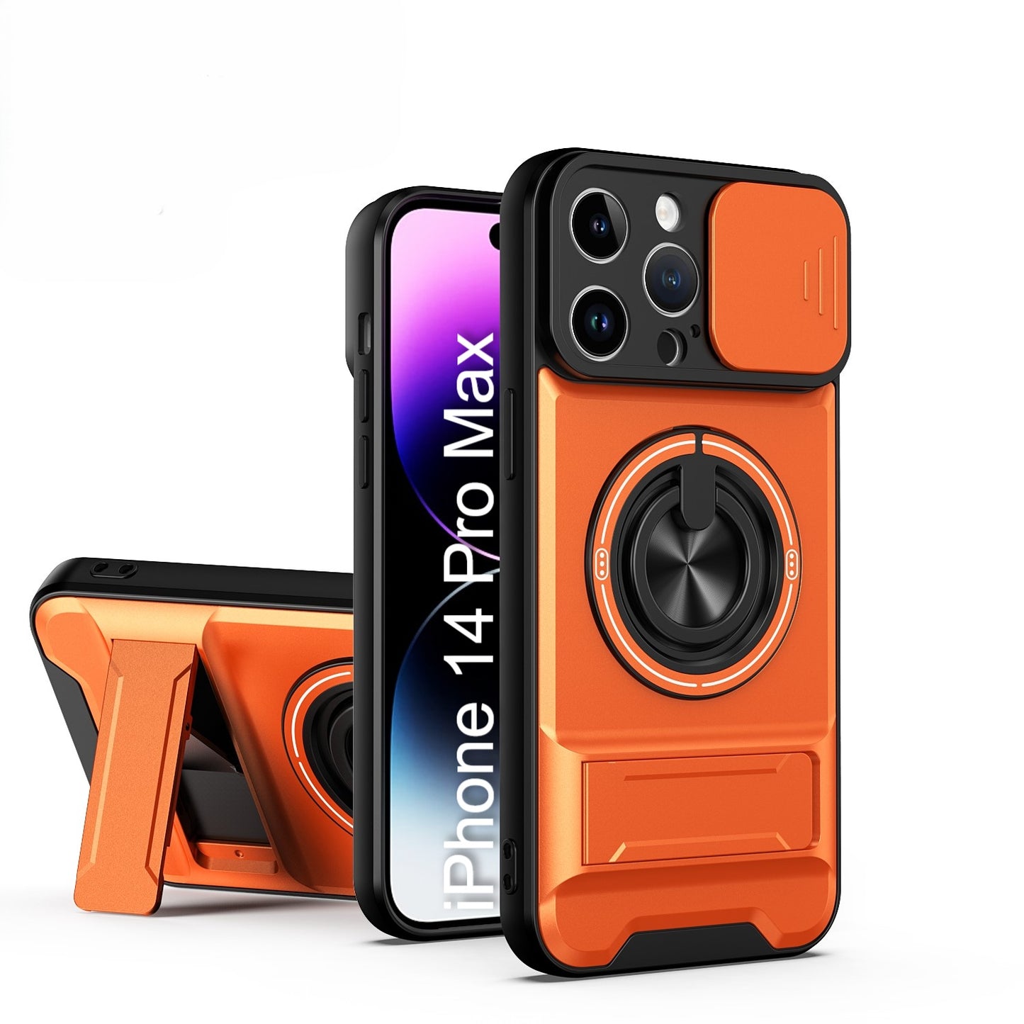 LuxuryKase Magnetic Armour Case | MagSafe Compatible | Sliding Camera Cover | 360° Finger Ring Holder | Built-In Bracket Stand | Hard PC Back & Soft TPU Bumper For iPhone & Samsung Series