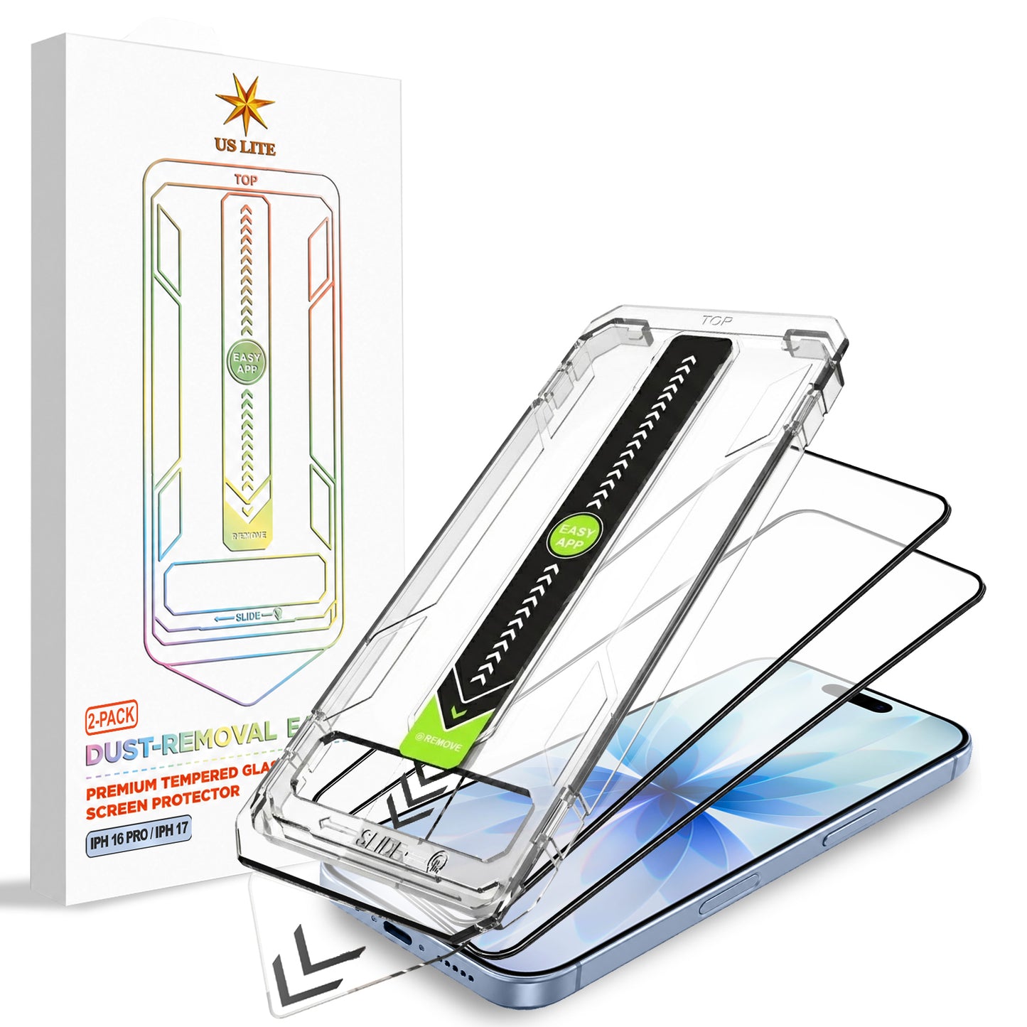 US LITE Tempered Glass Screen Protector | Align Tray | Shatterproof Screen Protection | 9H Hardness | Bubble-Free | Easy Installation Tool Kit For iPhone & Samsung Series