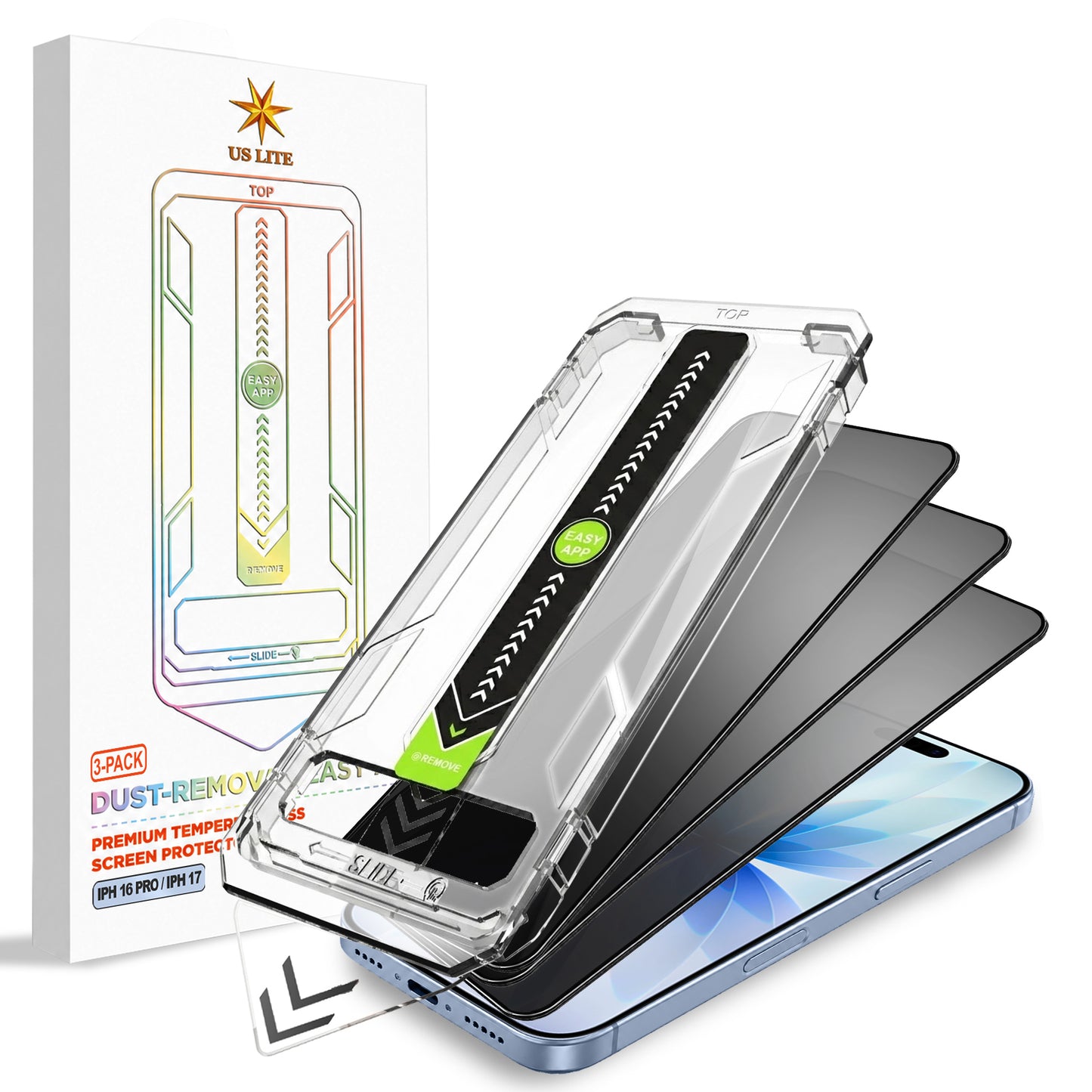 US LITE Tempered Glass Screen Protector | Align Tray | Shatterproof Screen Protection | 9H Hardness | Bubble-Free | Easy Installation Tool Kit For iPhone & Samsung Series