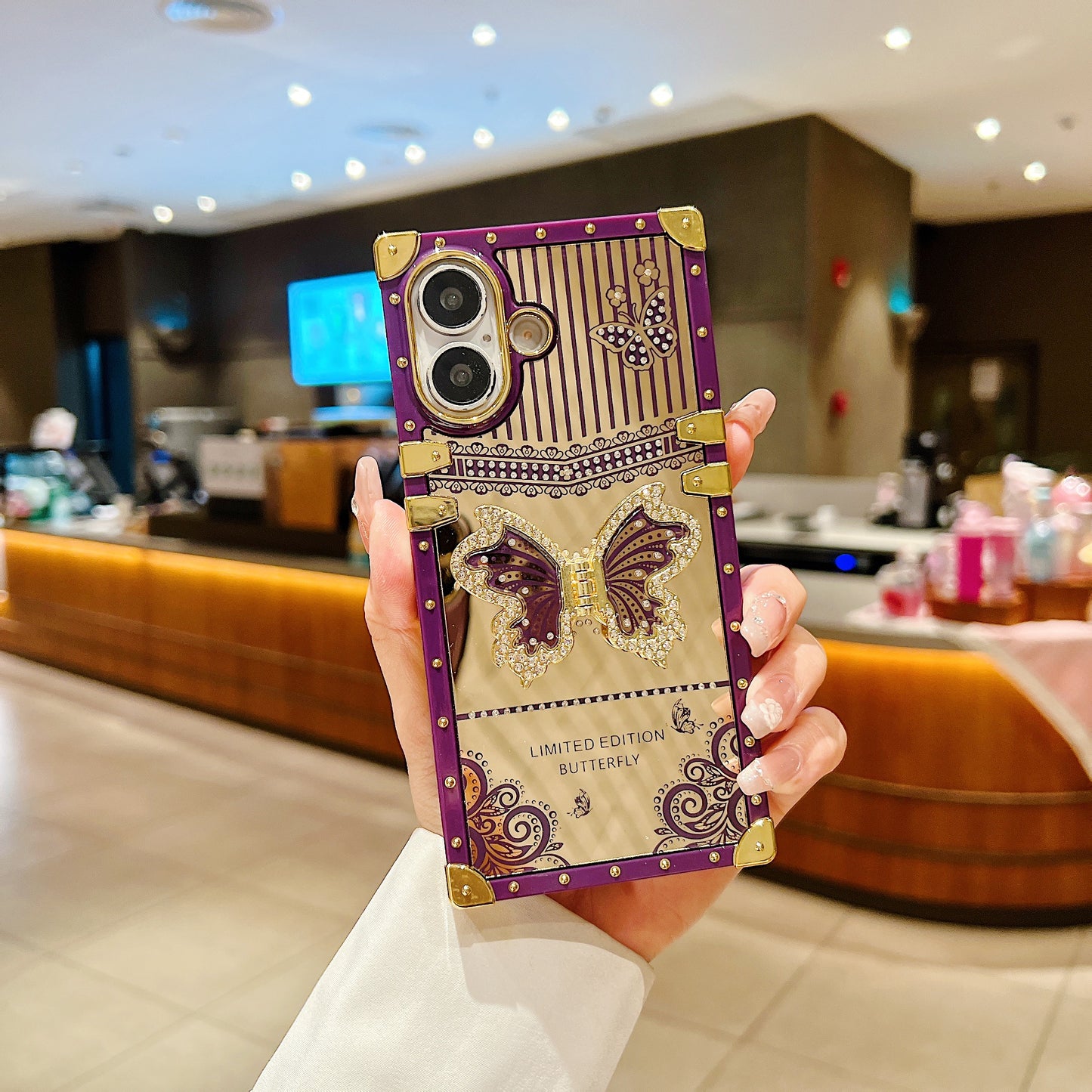 LuxuryKase Premium Shockproof Designer Case | Bling Butterfly Mirror Finish | Metallic Corners & Elegant Studded Frame | Stylish Protective Cover For iPhone & Samsung Series