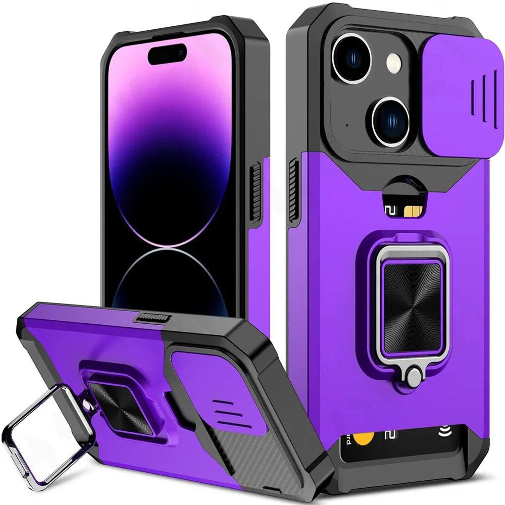 LuxuryKase Shockproof Armor Case | Slide Camera Cover | Hidden Card Slot | Rotating Ring Kickstand | Magnetic Car Mount Support | Military Grade Protection For iPhone & Samsung