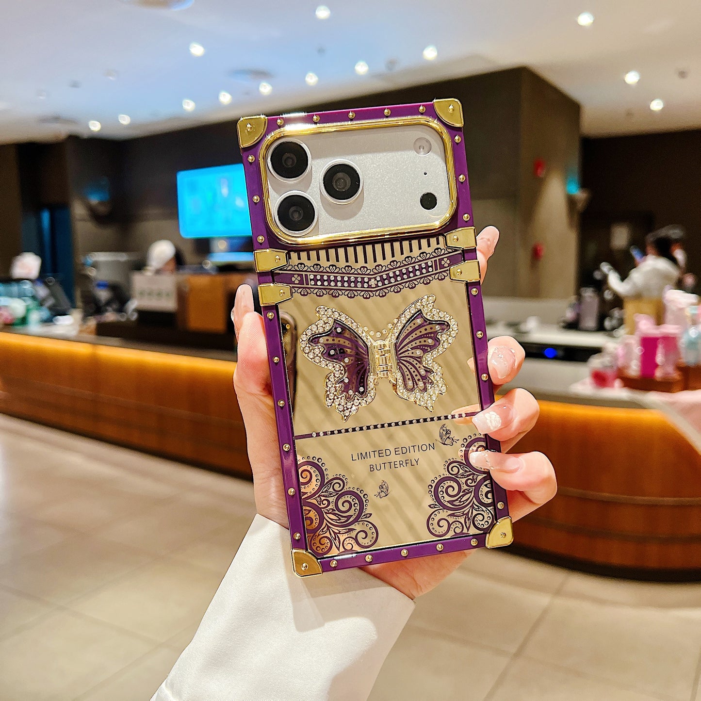 LuxuryKase Premium Shockproof Designer Case | Bling Butterfly Mirror Finish | Metallic Corners & Elegant Studded Frame | Stylish Protective Cover For iPhone & Samsung Series