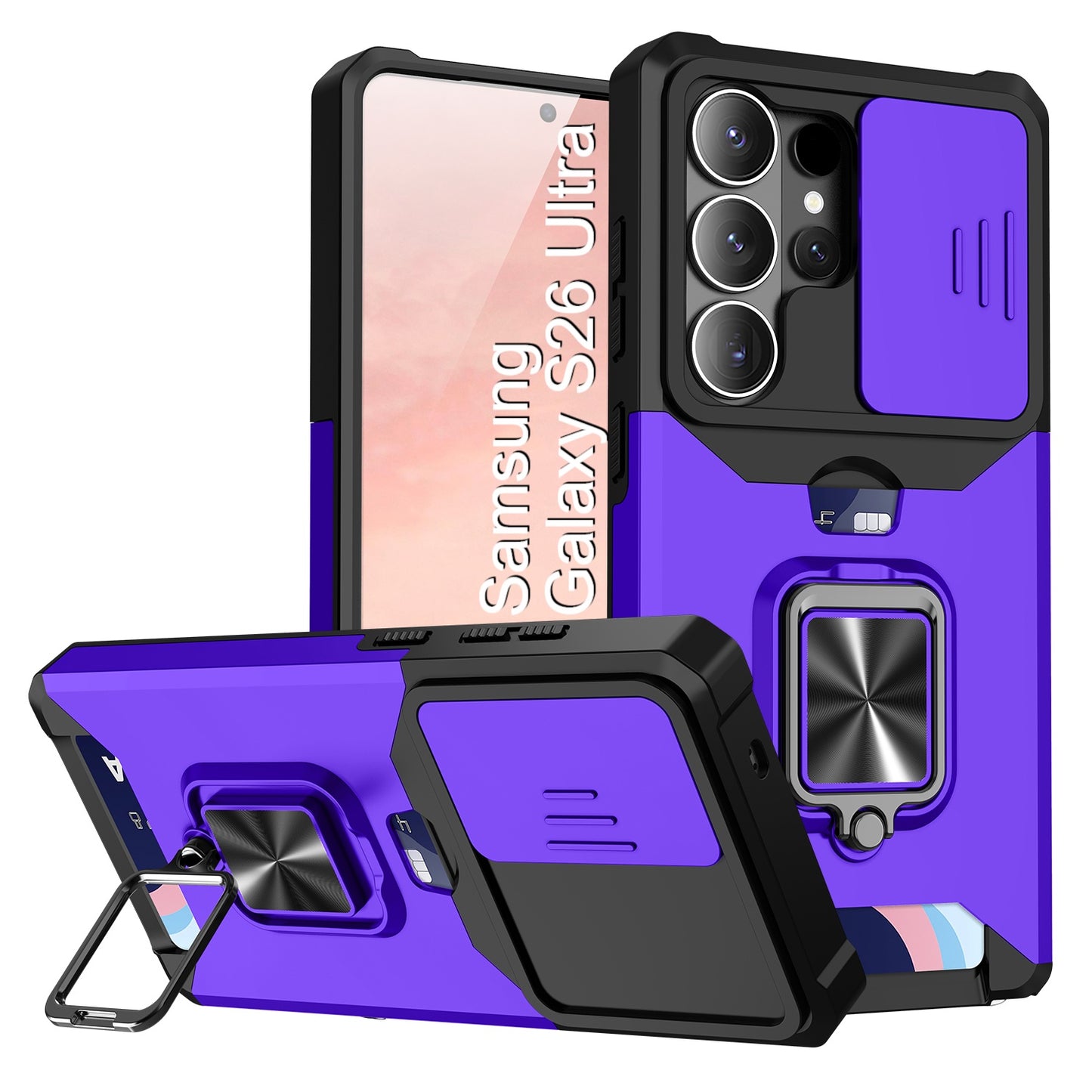 LuxuryKase Shockproof Armor Case | Slide Camera Cover | Hidden Card Slot | Rotating Ring Kickstand | Magnetic Car Mount Support | Military Grade Protection For iPhone & Samsung