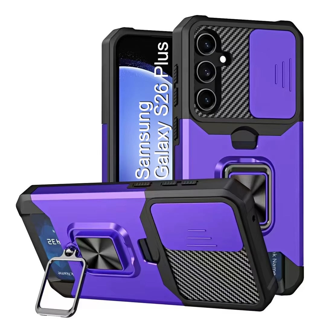 LuxuryKase Shockproof Armor Case | Slide Camera Cover | Hidden Card Slot | Rotating Ring Kickstand | Magnetic Car Mount Support | Military Grade Protection For iPhone & Samsung