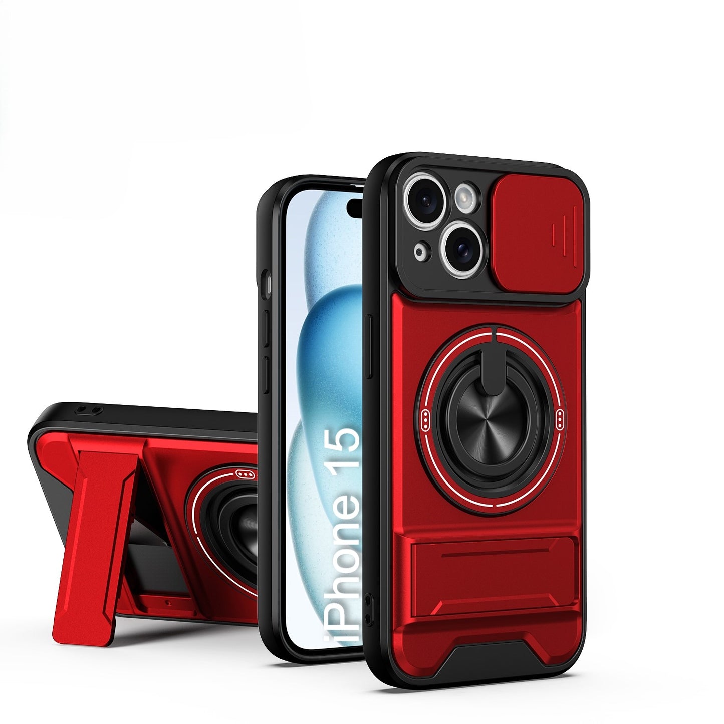 LuxuryKase Magnetic Armour Case | MagSafe Compatible | Sliding Camera Cover | 360° Finger Ring Holder | Built-In Bracket Stand | Hard PC Back & Soft TPU Bumper For iPhone & Samsung Series