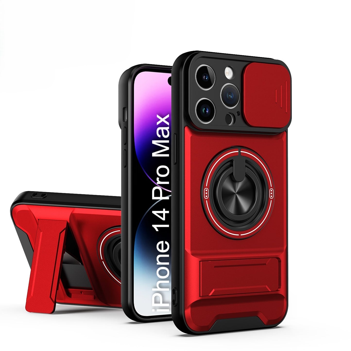 LuxuryKase Magnetic Armour Case | MagSafe Compatible | Sliding Camera Cover | 360° Finger Ring Holder | Built-In Bracket Stand | Hard PC Back & Soft TPU Bumper For iPhone & Samsung Series