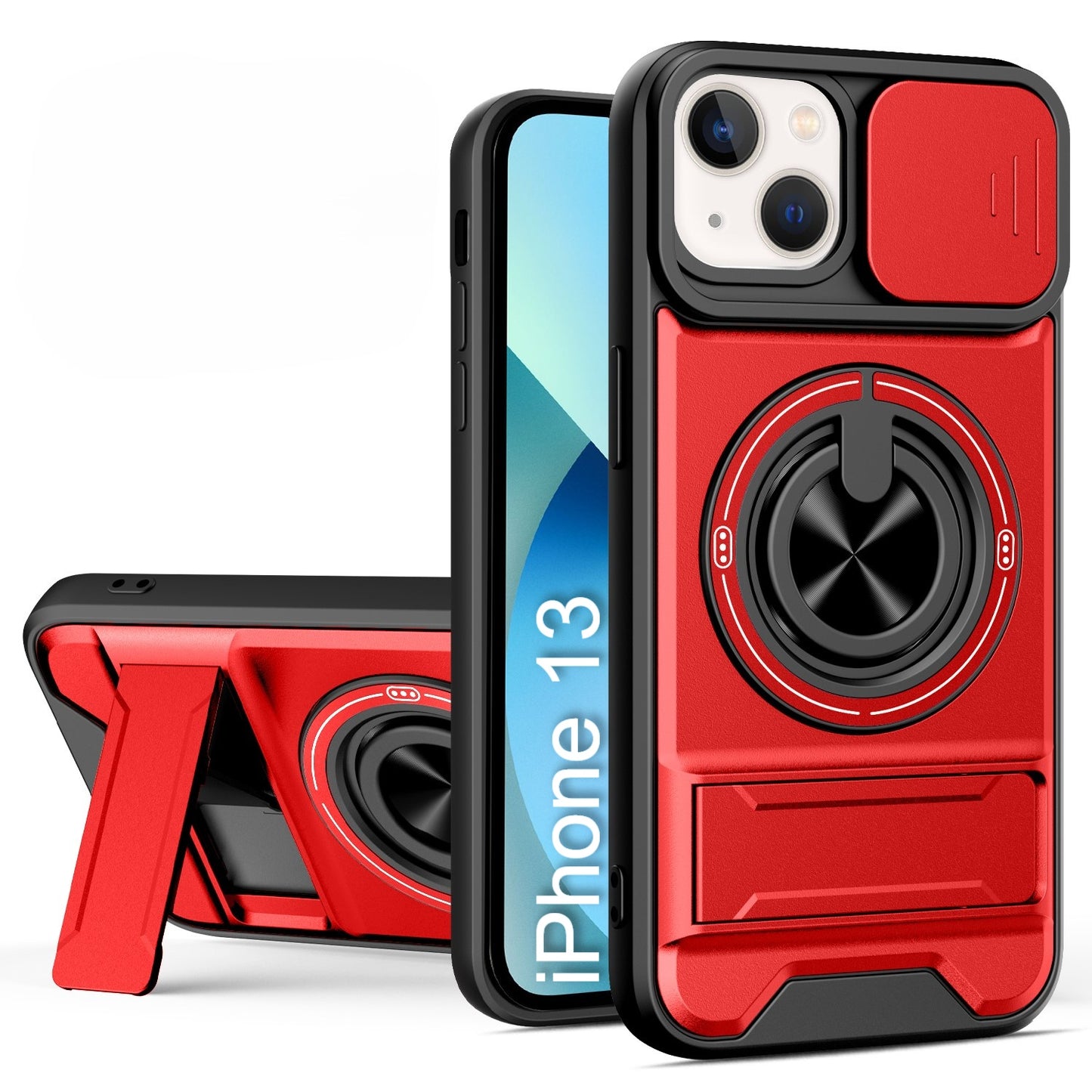 LuxuryKase Magnetic Armour Case | MagSafe Compatible | Sliding Camera Cover | 360° Finger Ring Holder | Built-In Bracket Stand | Hard PC Back & Soft TPU Bumper For iPhone & Samsung Series