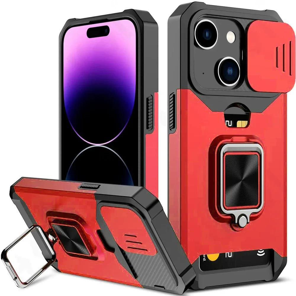 LuxuryKase Shockproof Armor Case | Slide Camera Cover | Hidden Card Slot | Rotating Ring Kickstand | Magnetic Car Mount Support | Military Grade Protection For iPhone & Samsung