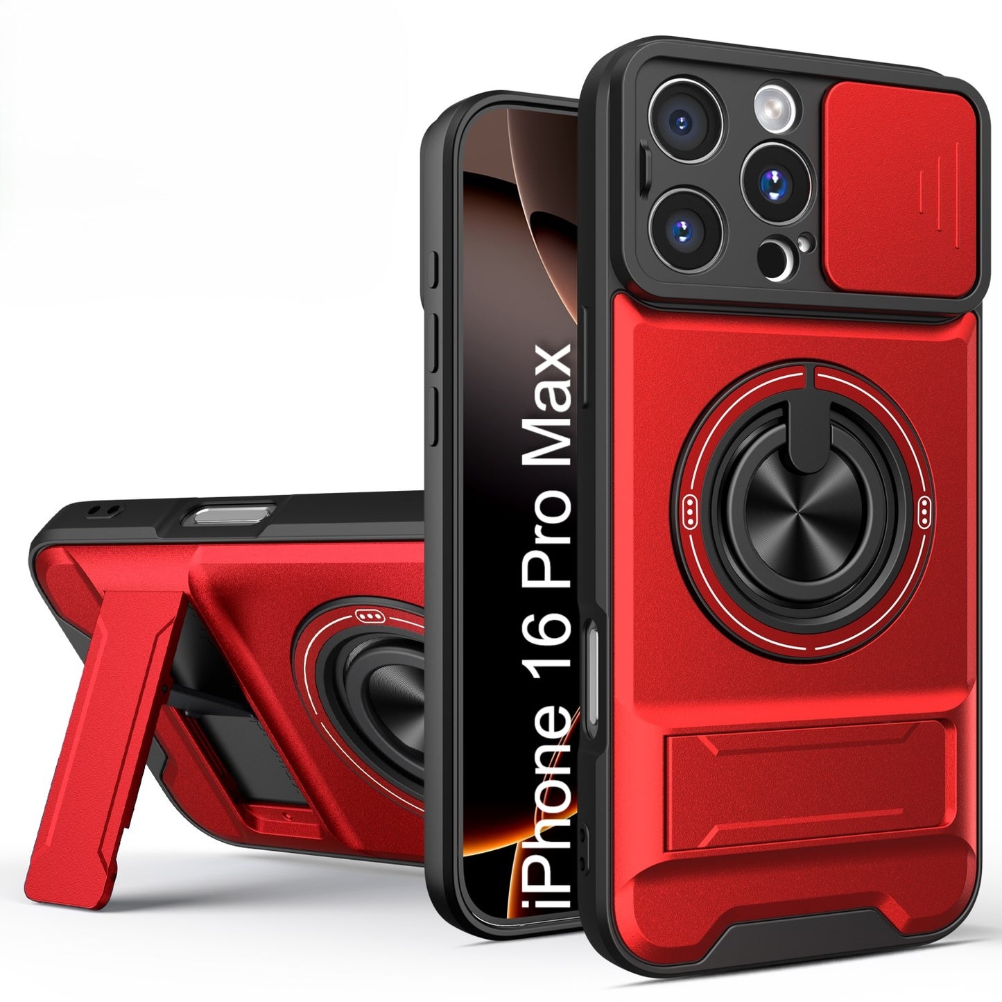 LuxuryKase Magnetic Armour Case | MagSafe Compatible | Sliding Camera Cover | 360° Finger Ring Holder | Built-In Bracket Stand | Hard PC Back & Soft TPU Bumper For iPhone & Samsung Series