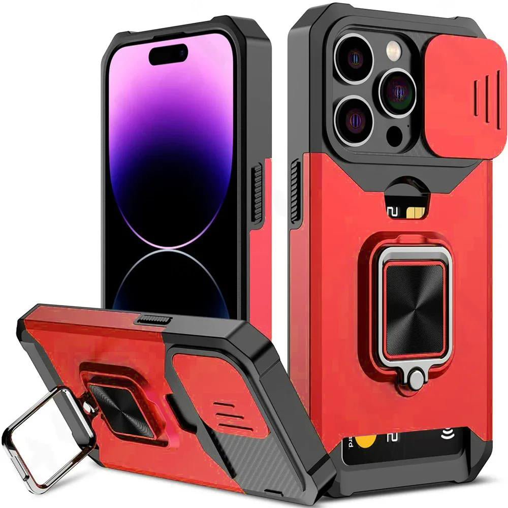 LuxuryKase LK177 Camera Slide Protection Card Holder Heavy Protective Ring Magnetic Kickstand Armor Case Cover For iPhone
