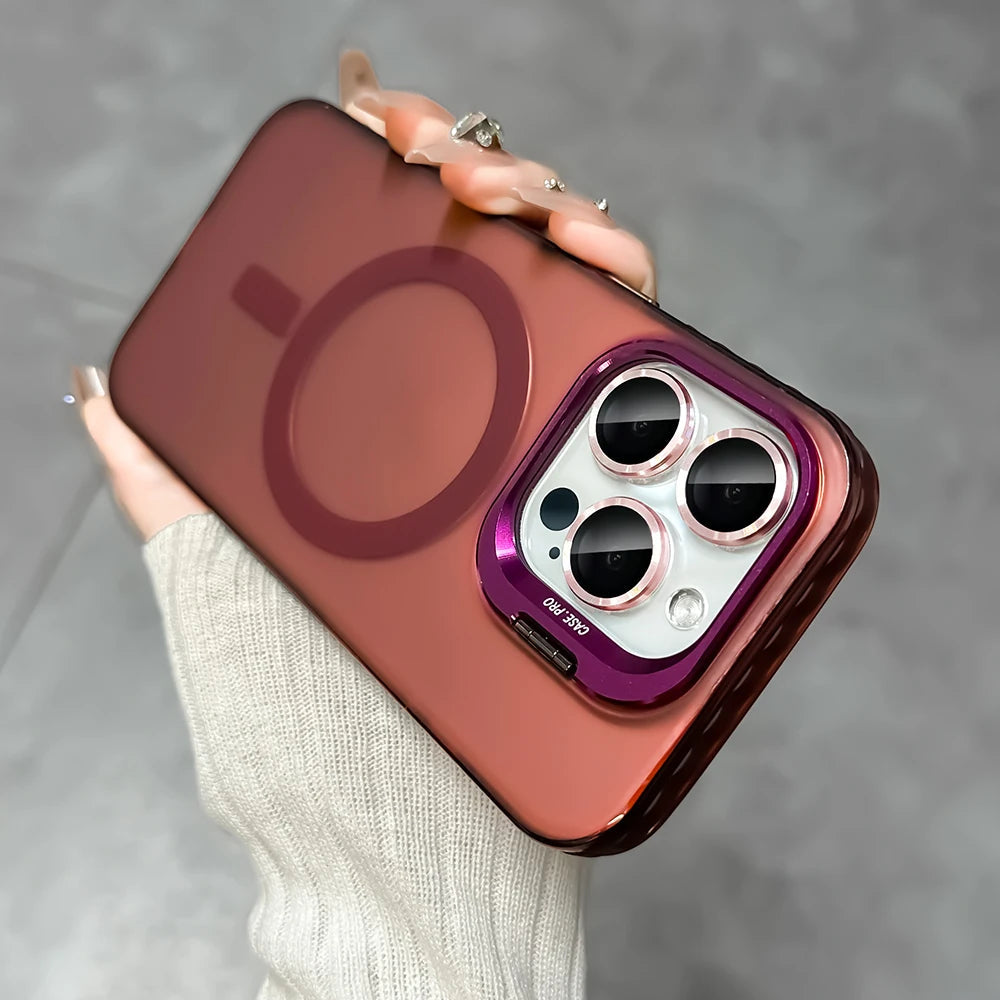 LuxuryKase Mag-Safe Shockproof Gradient Matte Case | Metal Camera Lens Protector & Kickstand | Slim & Edge Protective Cover For iPhone