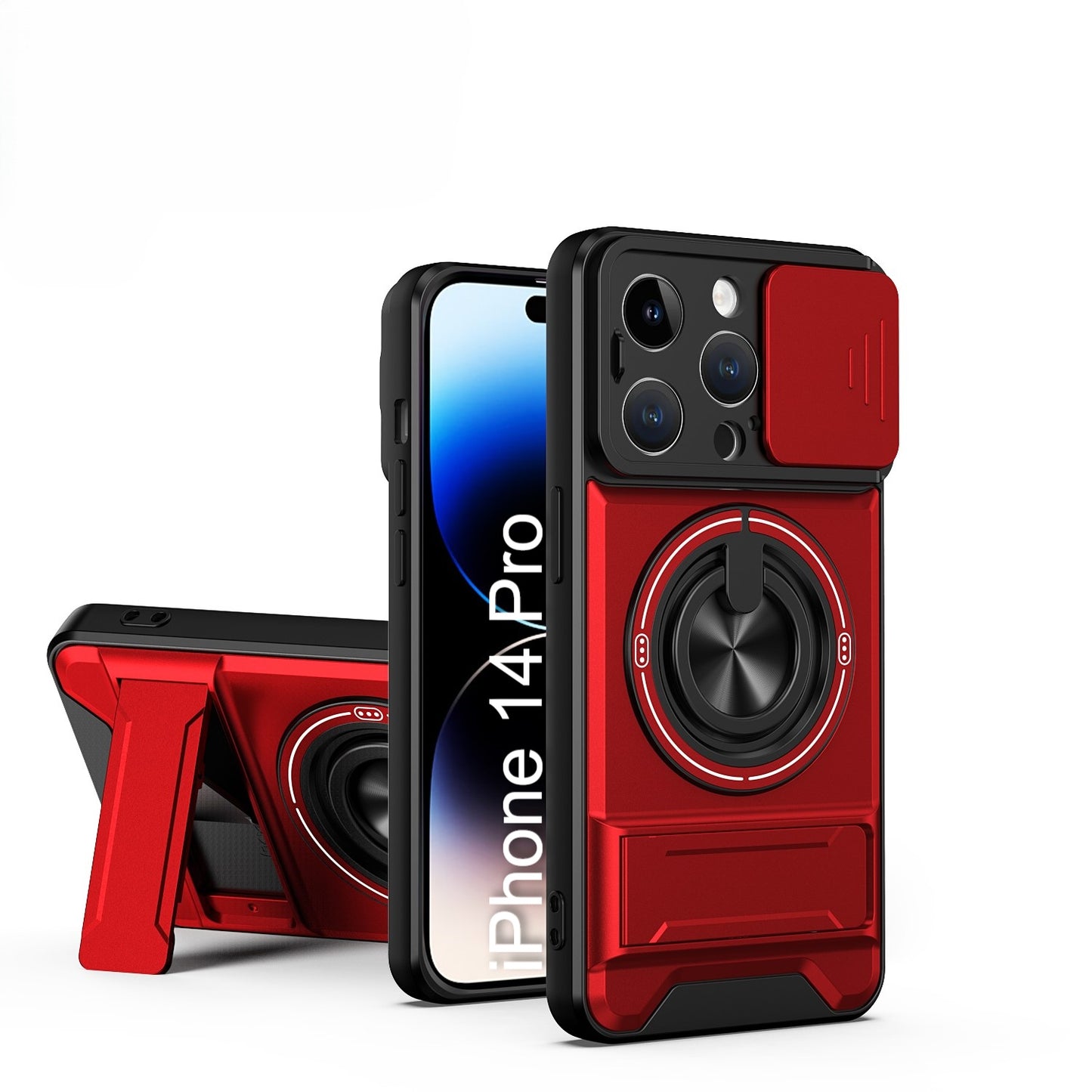 LuxuryKase Magnetic Armour Case | MagSafe Compatible | Sliding Camera Cover | 360° Finger Ring Holder | Built-In Bracket Stand | Hard PC Back & Soft TPU Bumper For iPhone & Samsung Series