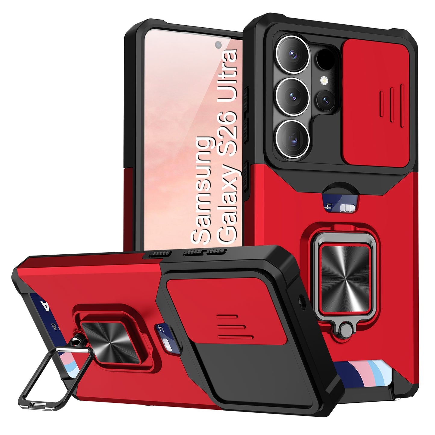 LuxuryKase Shockproof Armor Case | Slide Camera Cover | Hidden Card Slot | Rotating Ring Kickstand | Magnetic Car Mount Support | Military Grade Protection For iPhone & Samsung
