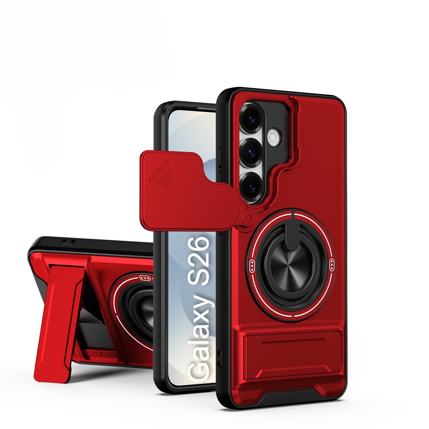 LuxuryKase Magnetic Armour Case | MagSafe Compatible | Sliding Camera Cover | 360° Finger Ring Holder | Built-In Bracket Stand | Hard PC Back & Soft TPU Bumper For iPhone & Samsung Series