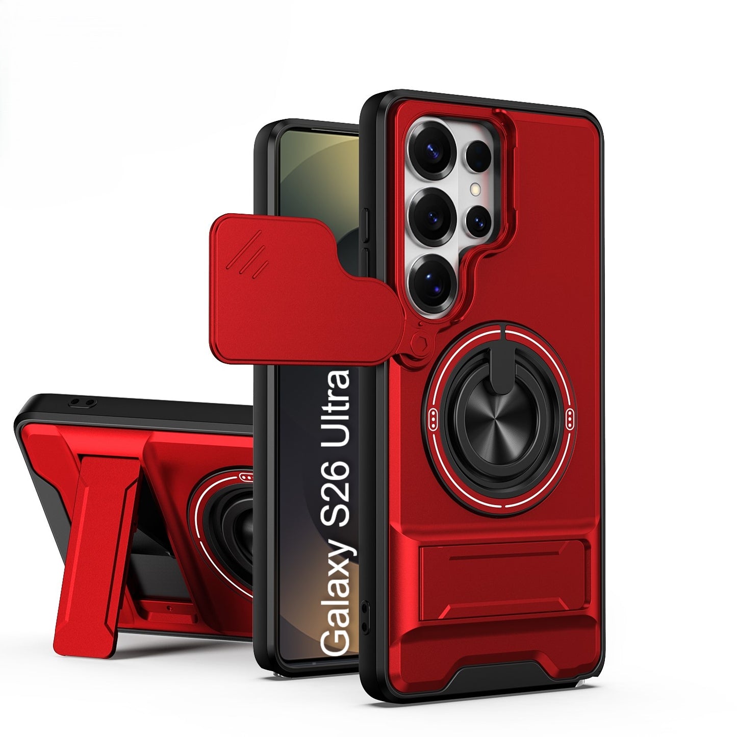 LuxuryKase Magnetic Armour Case | MagSafe Compatible | Sliding Camera Cover | 360° Finger Ring Holder | Built-In Bracket Stand | Hard PC Back & Soft TPU Bumper For iPhone & Samsung Series