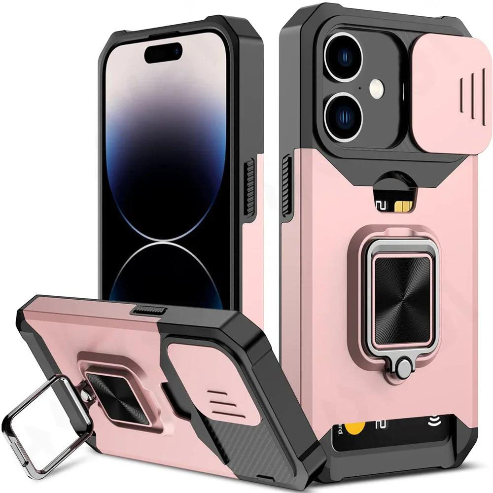 LuxuryKase LK177 Camera Slide Protection Card Holder Heavy Protective Ring Magnetic Kickstand Armor Case Cover For iPhone