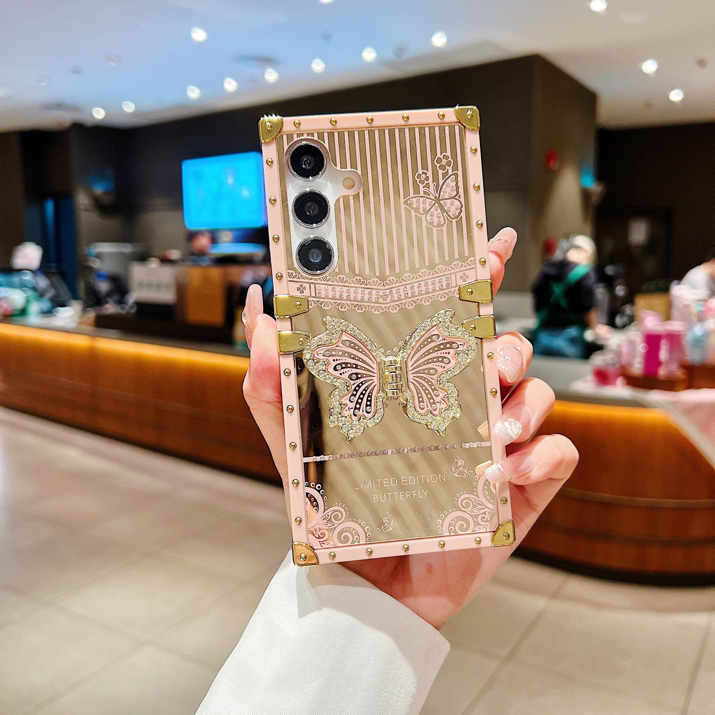 LuxuryKase Premium Shockproof Designer Case | Bling Butterfly Mirror Finish | Metallic Corners & Elegant Studded Frame | Stylish Protective Cover For iPhone & Samsung Series