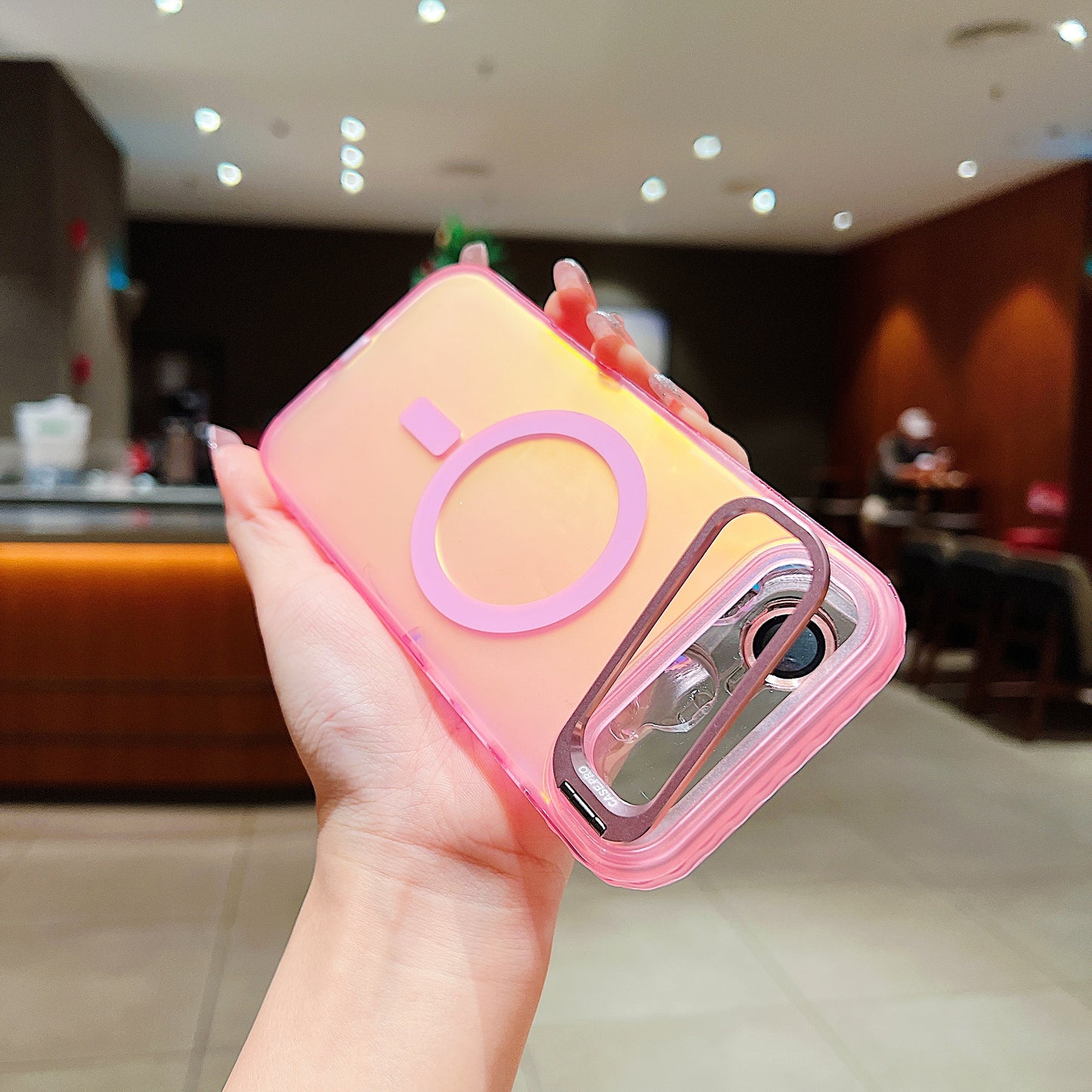 LuxuryKase LK169 Laser Gradient Lens Holder Stand Mag-Safe Case Cover For iPhone 16 & 17 Series