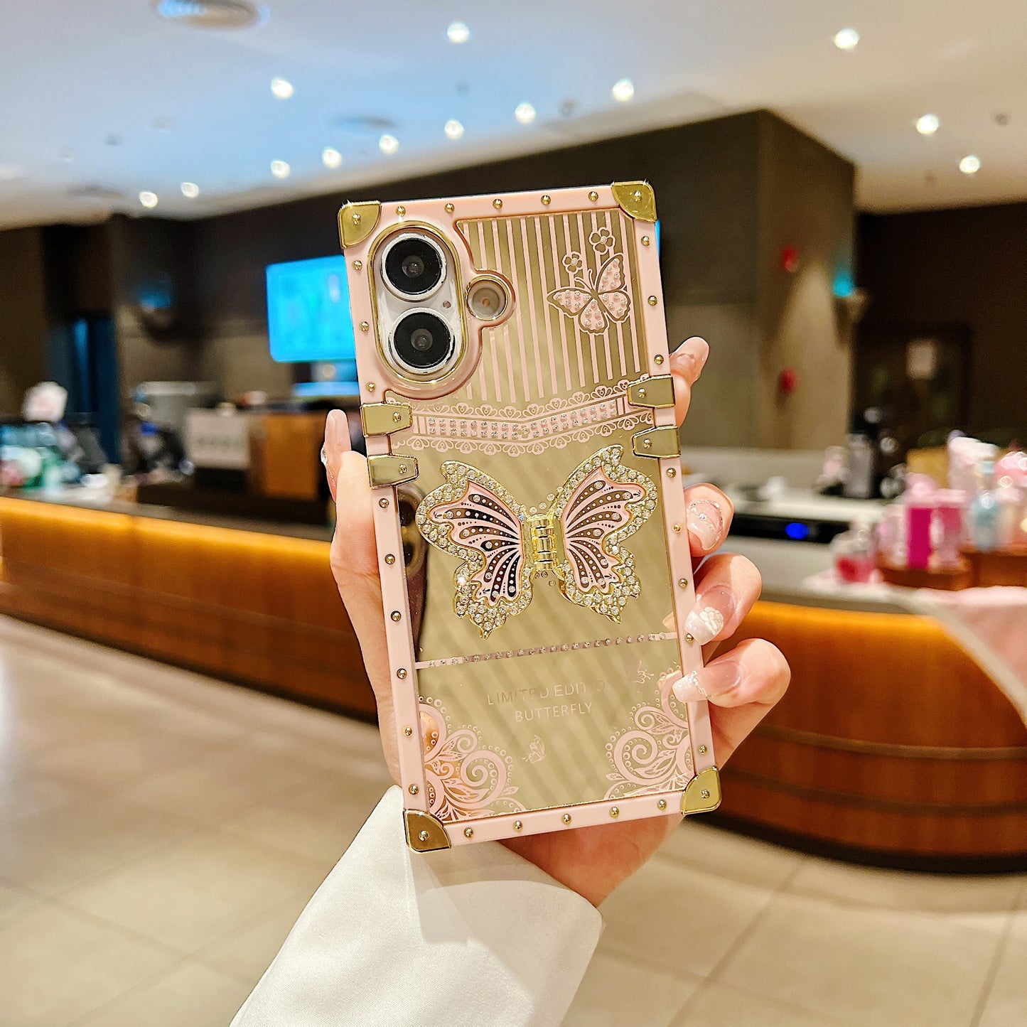 LuxuryKase Premium Shockproof Designer Case | Bling Butterfly Mirror Finish | Metallic Corners & Elegant Studded Frame | Stylish Protective Cover For iPhone & Samsung Series