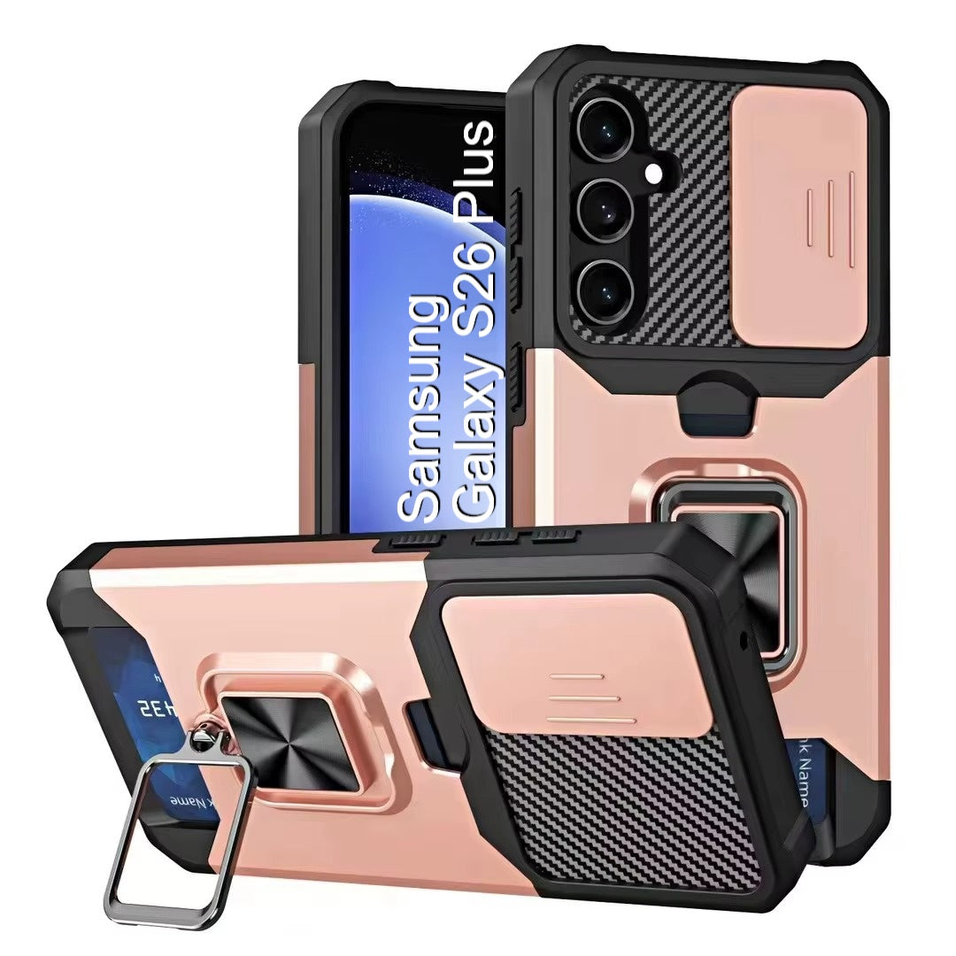 LuxuryKase Shockproof Armor Case | Slide Camera Cover | Hidden Card Slot | Rotating Ring Kickstand | Magnetic Car Mount Support | Military Grade Protection For iPhone & Samsung