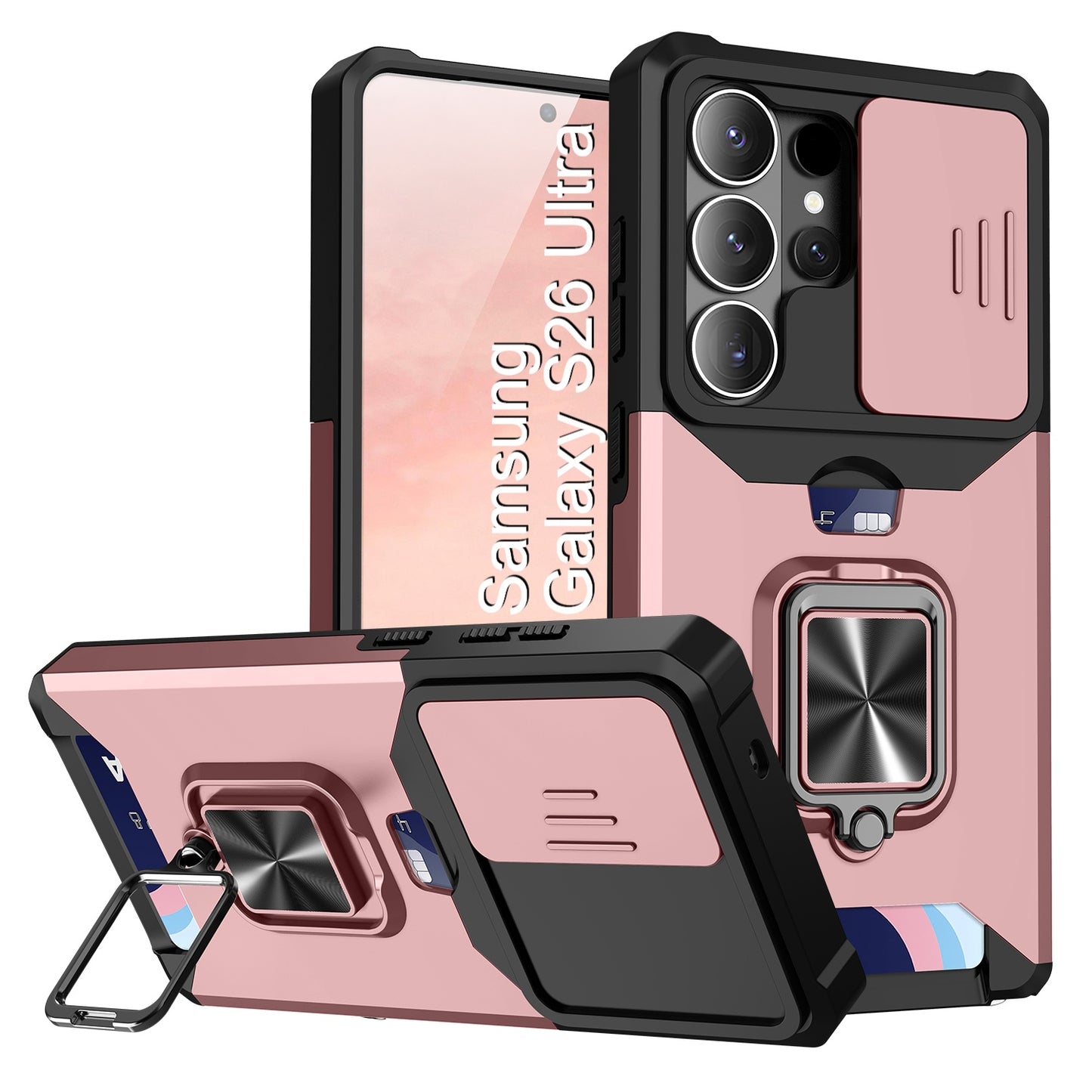 LuxuryKase Shockproof Armor Case | Slide Camera Cover | Hidden Card Slot | Rotating Ring Kickstand | Magnetic Car Mount Support | Military Grade Protection For iPhone & Samsung