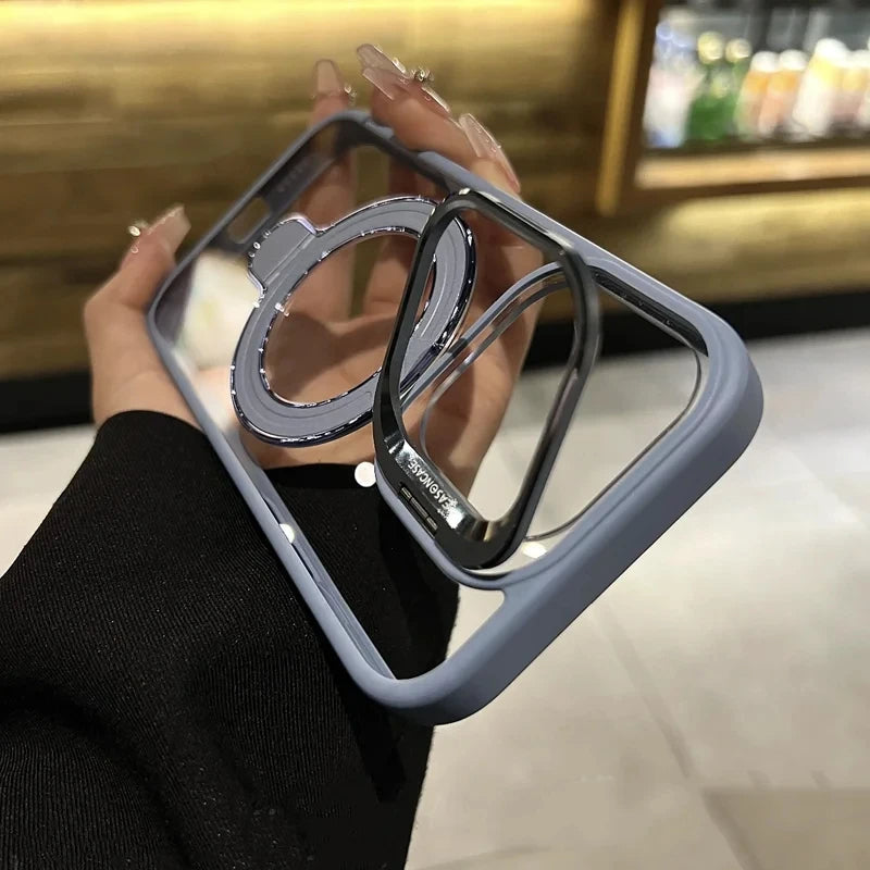 LuxuryKase LK176 Metal Camera Ring Kickstand Stand Transparent Mag-Safe Case Cover For iPhone