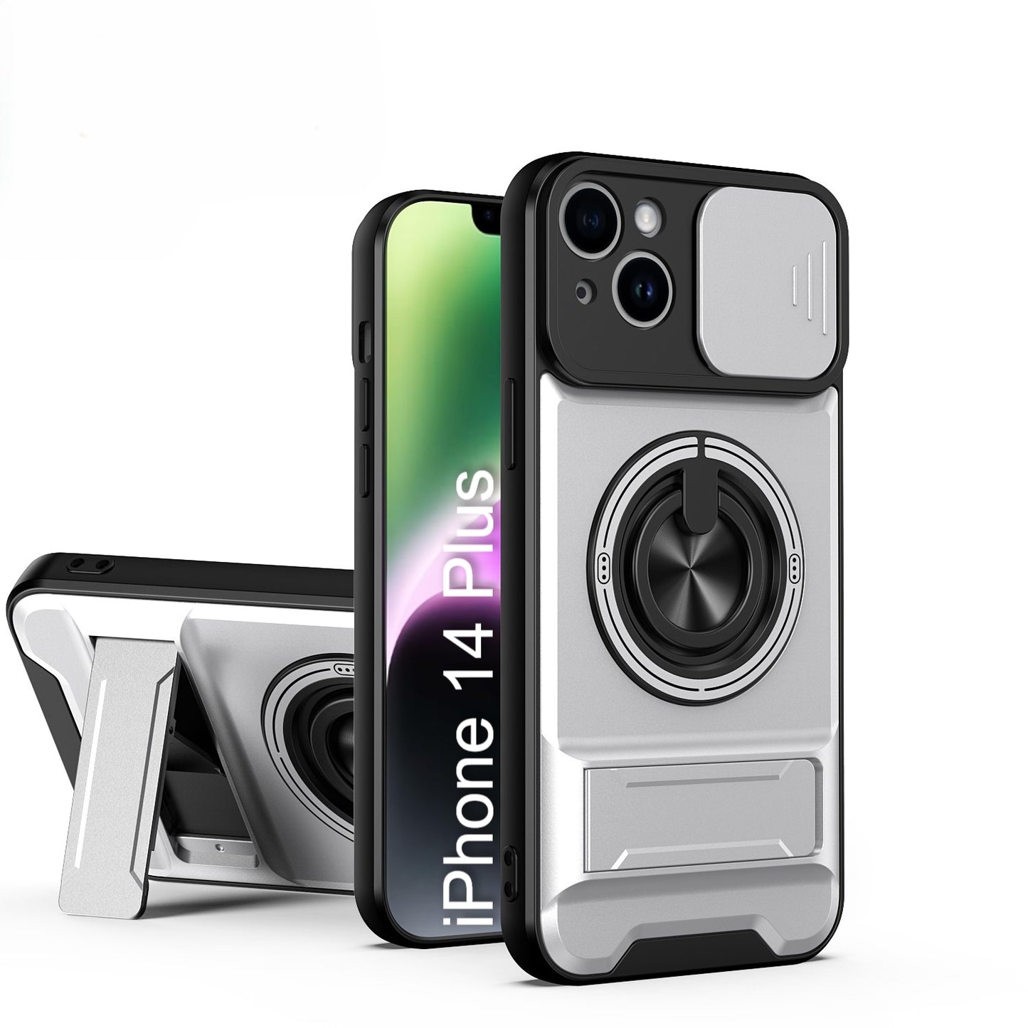 LuxuryKase Magnetic Armour Case | MagSafe Compatible | Sliding Camera Cover | 360° Finger Ring Holder | Built-In Bracket Stand | Hard PC Back & Soft TPU Bumper For iPhone & Samsung Series