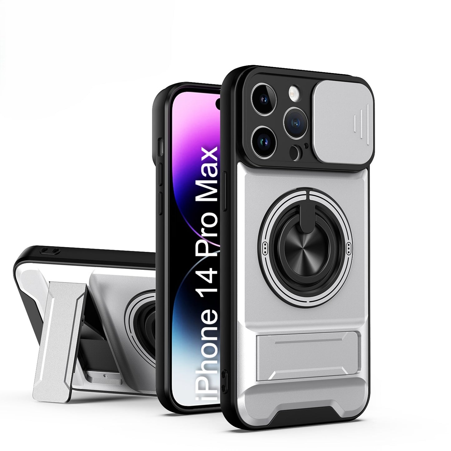 LuxuryKase Magnetic Armour Case | MagSafe Compatible | Sliding Camera Cover | 360° Finger Ring Holder | Built-In Bracket Stand | Hard PC Back & Soft TPU Bumper For iPhone & Samsung Series