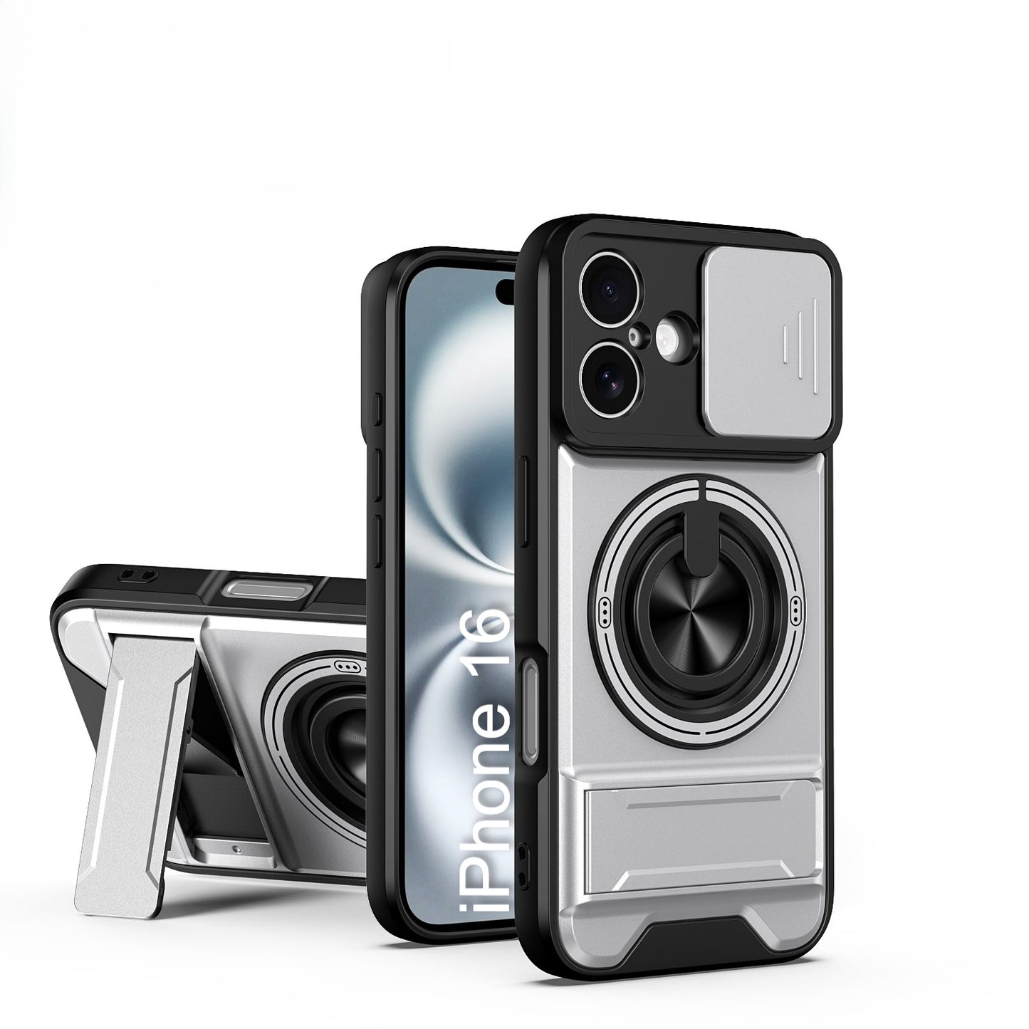 LuxuryKase Magnetic Armour Case | MagSafe Compatible | Sliding Camera Cover | 360° Finger Ring Holder | Built-In Bracket Stand | Hard PC Back & Soft TPU Bumper For iPhone & Samsung Series
