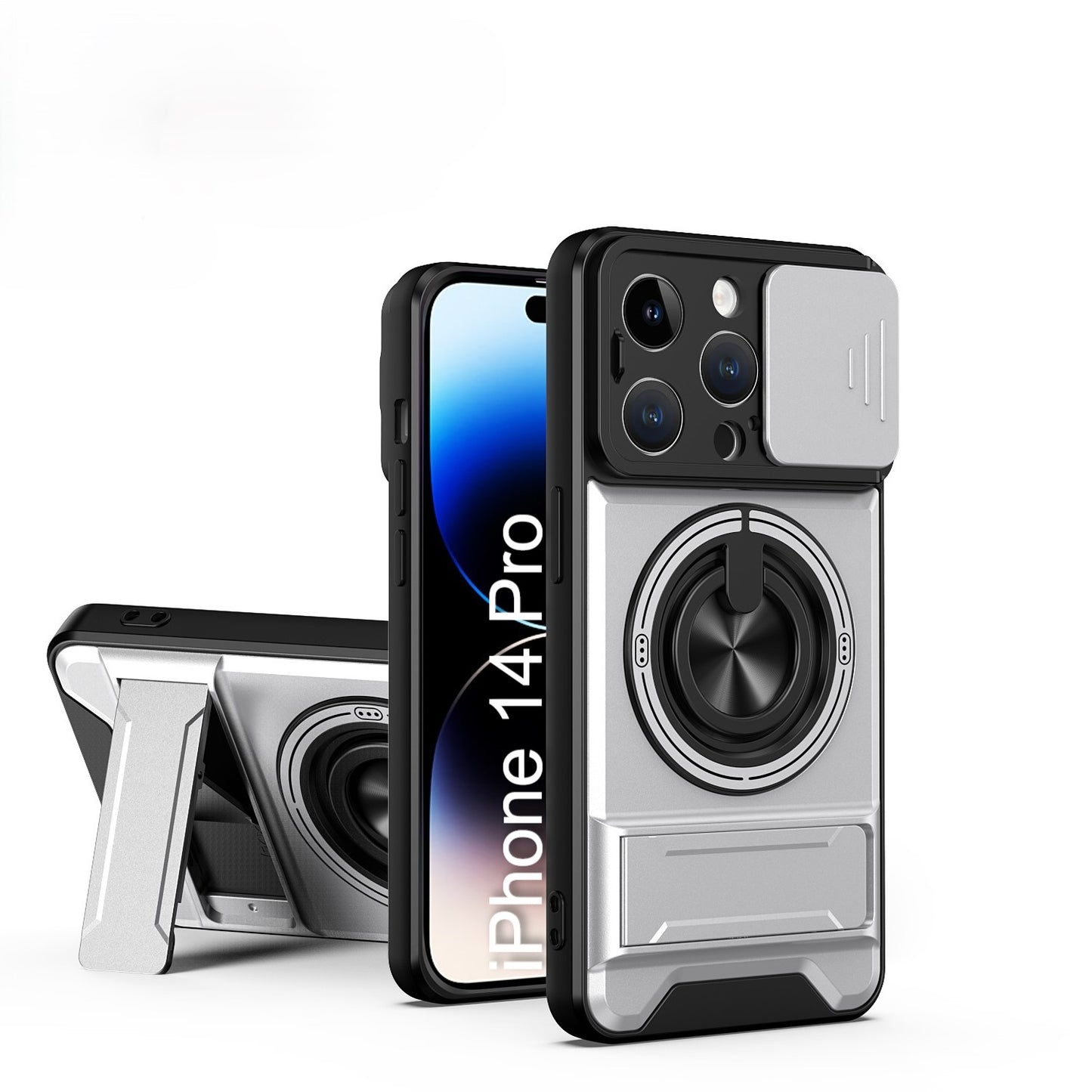 LuxuryKase Magnetic Armour Case | MagSafe Compatible | Sliding Camera Cover | 360° Finger Ring Holder | Built-In Bracket Stand | Hard PC Back & Soft TPU Bumper For iPhone & Samsung Series