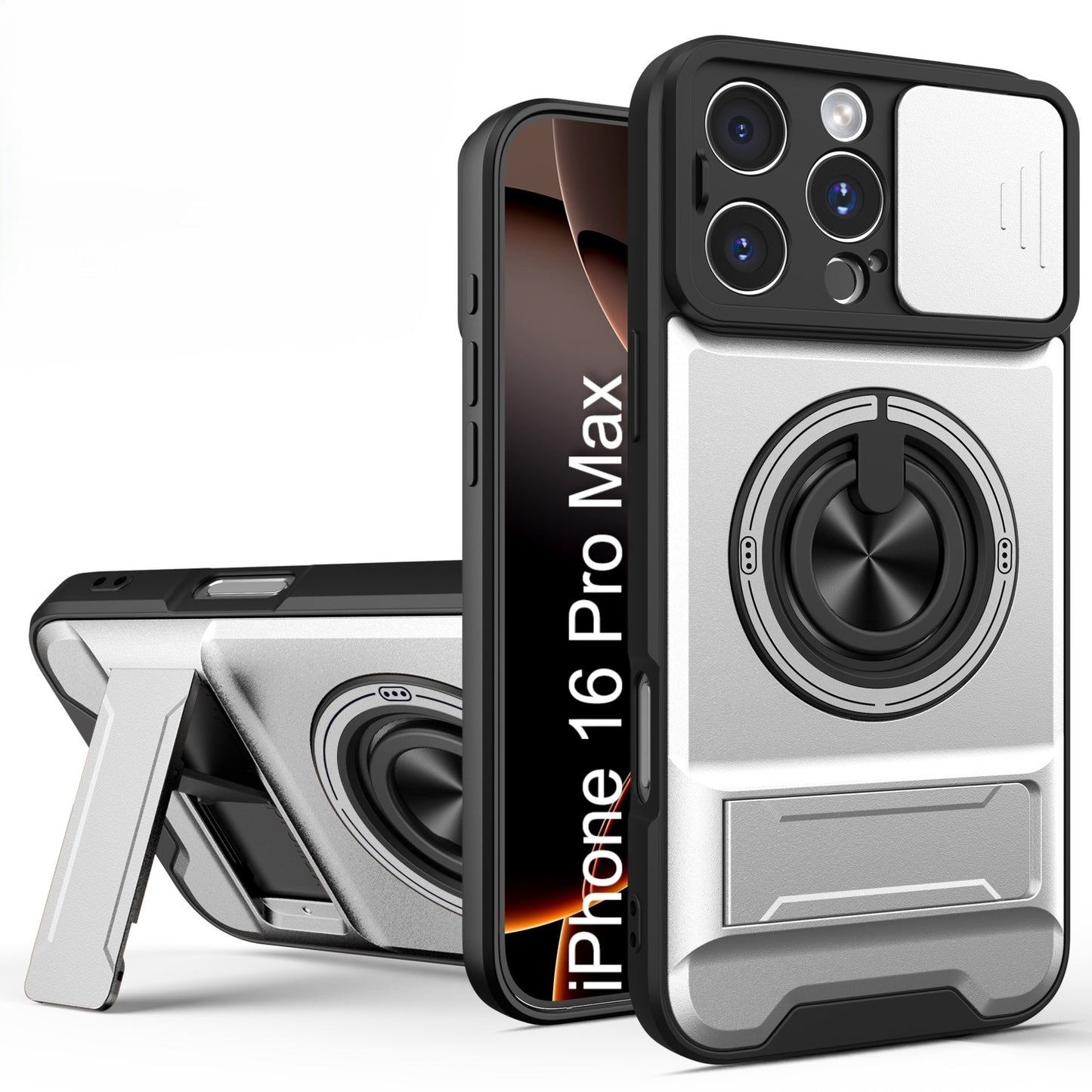 LuxuryKase Magnetic Armour Case | MagSafe Compatible | Sliding Camera Cover | 360° Finger Ring Holder | Built-In Bracket Stand | Hard PC Back & Soft TPU Bumper For iPhone & Samsung Series
