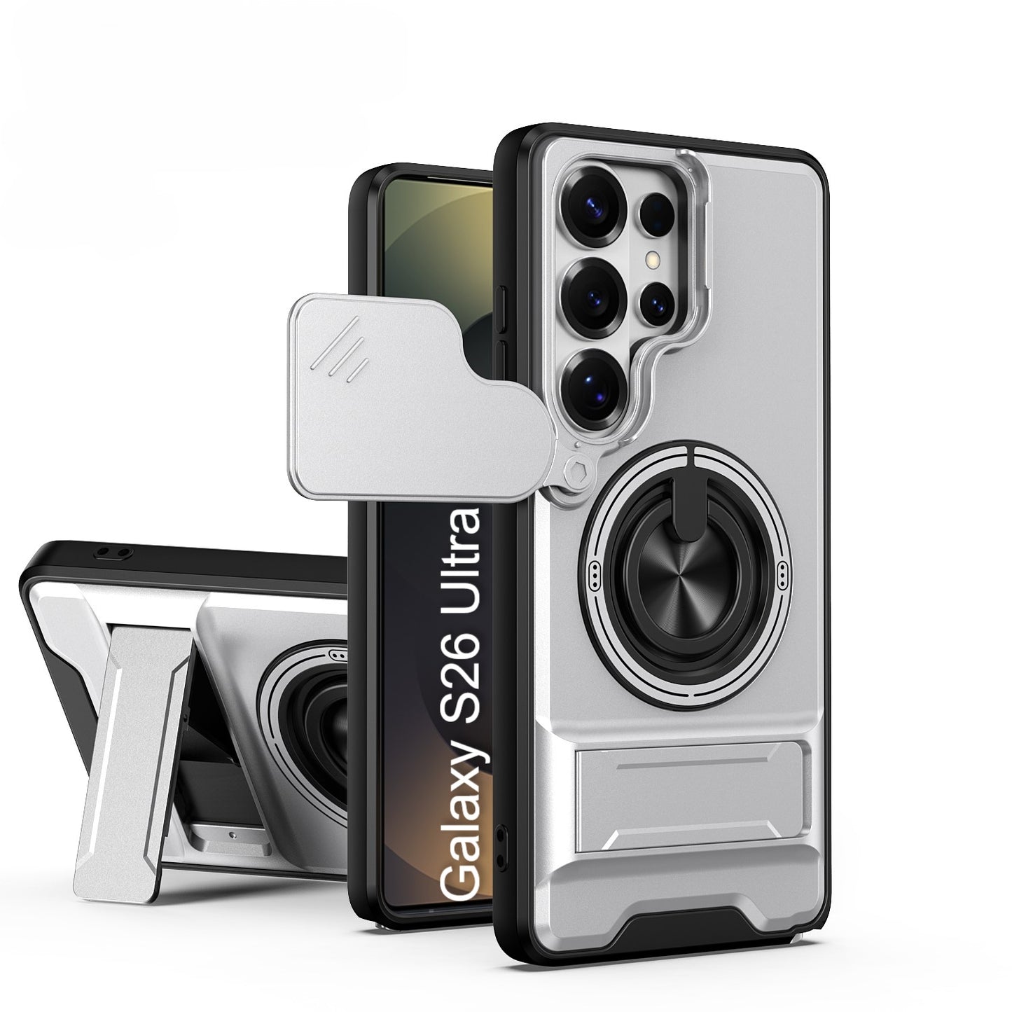 LuxuryKase Magnetic Armour Case | MagSafe Compatible | Sliding Camera Cover | 360° Finger Ring Holder | Built-In Bracket Stand | Hard PC Back & Soft TPU Bumper For iPhone & Samsung Series