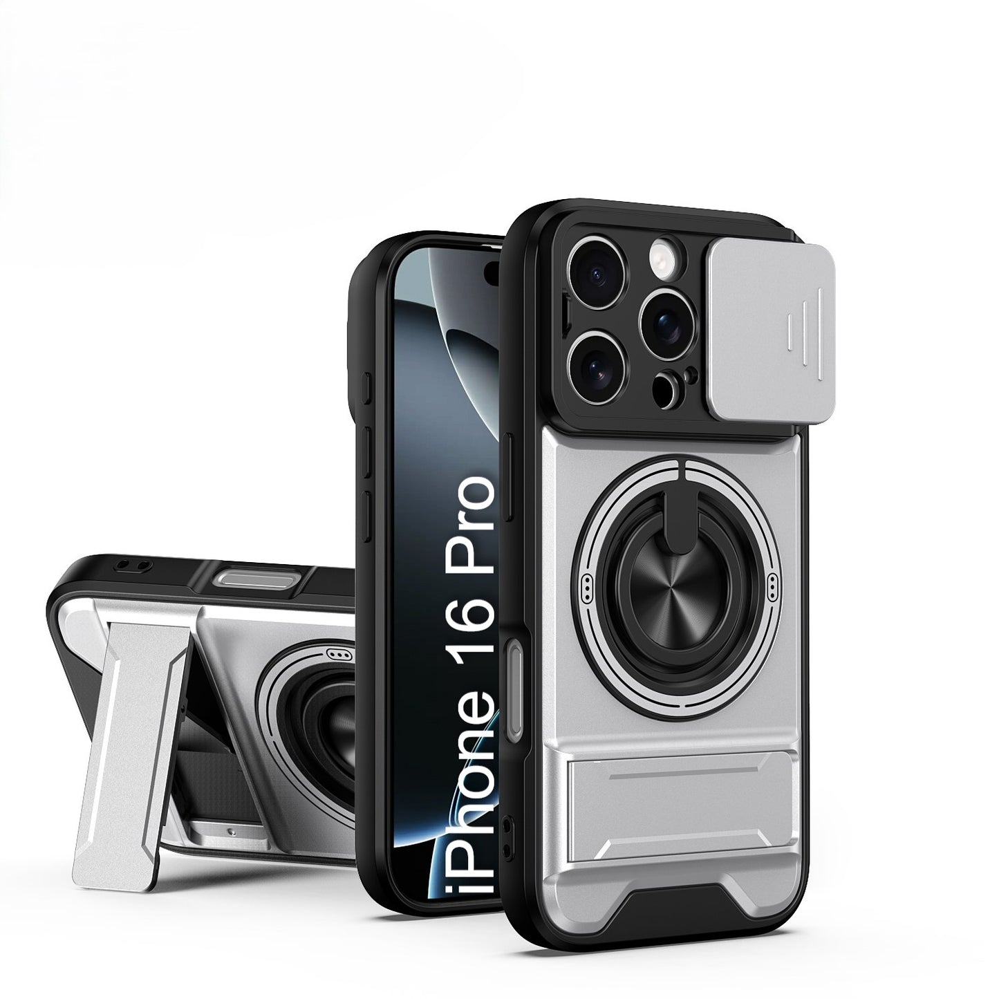 LuxuryKase Magnetic Armour Case | MagSafe Compatible | Sliding Camera Cover | 360° Finger Ring Holder | Built-In Bracket Stand | Hard PC Back & Soft TPU Bumper For iPhone & Samsung Series