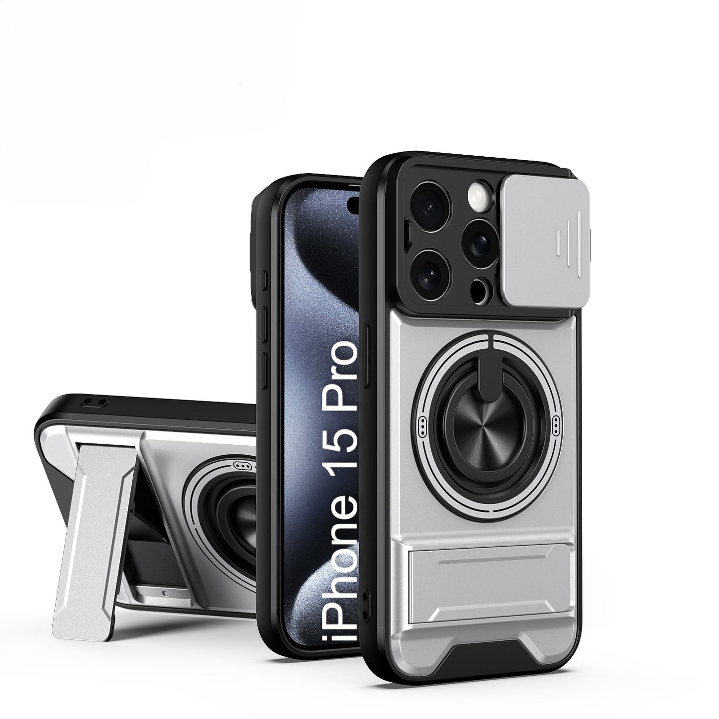 LuxuryKase Magnetic Armour Case | MagSafe Compatible | Sliding Camera Cover | 360° Finger Ring Holder | Built-In Bracket Stand | Hard PC Back & Soft TPU Bumper For iPhone & Samsung Series