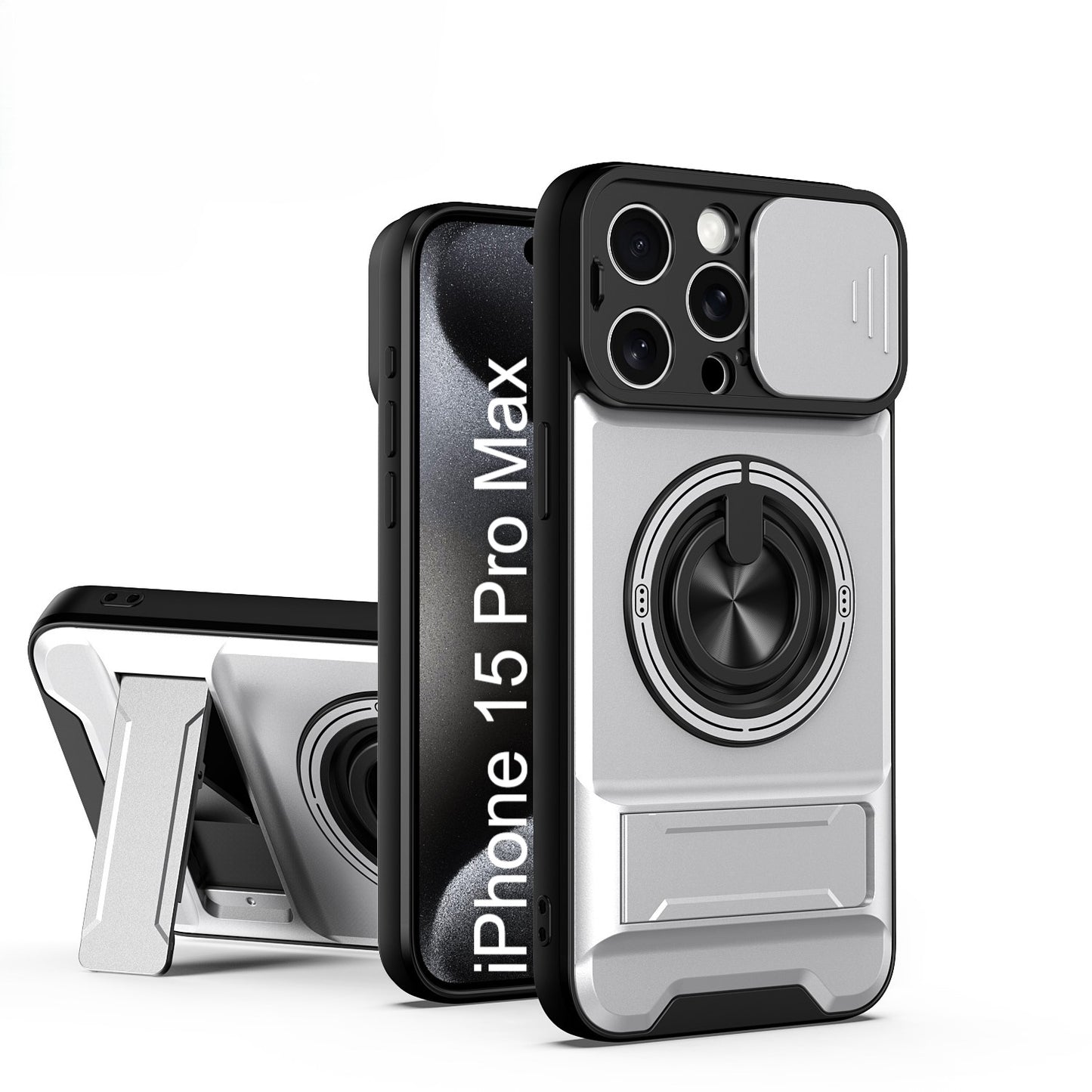 LuxuryKase Magnetic Armour Case | MagSafe Compatible | Sliding Camera Cover | 360° Finger Ring Holder | Built-In Bracket Stand | Hard PC Back & Soft TPU Bumper For iPhone & Samsung Series