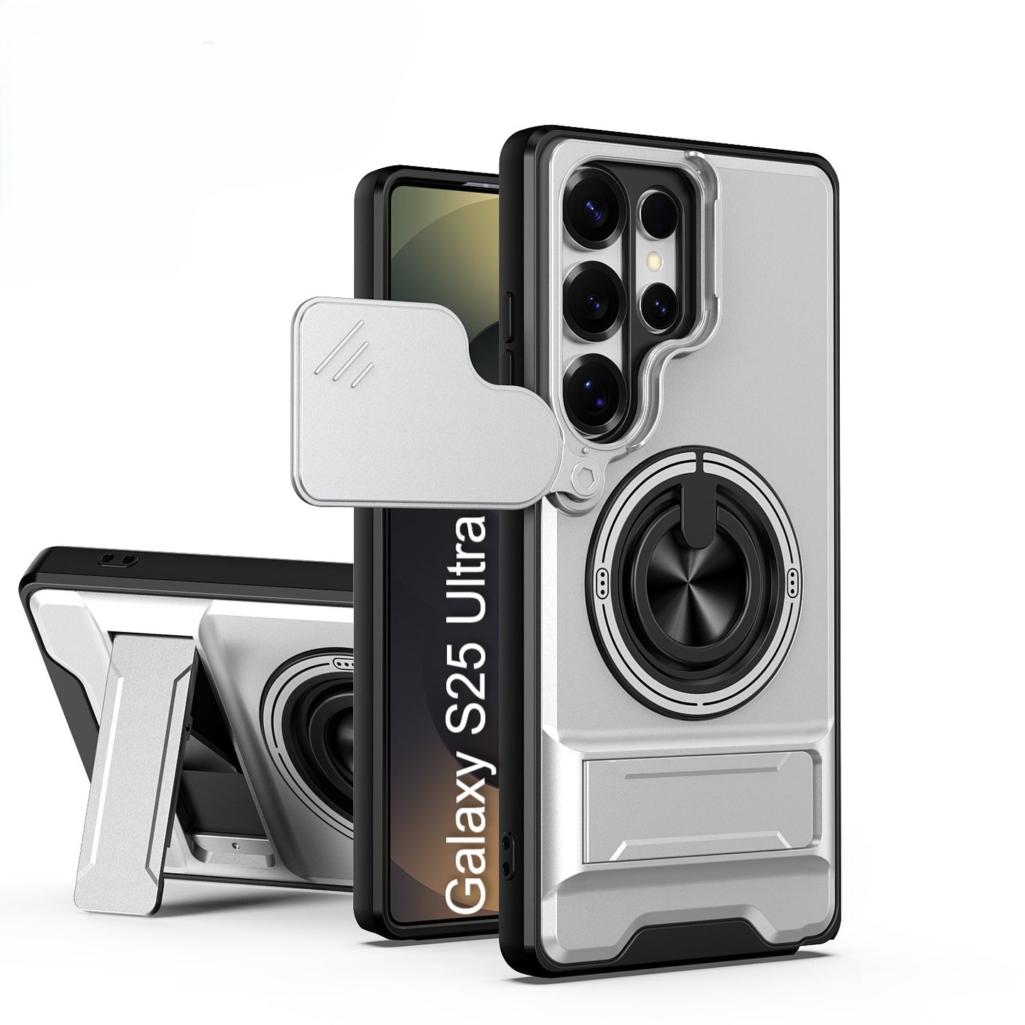 LuxuryKase Magnetic Armour Case | MagSafe Compatible | Sliding Camera Cover | 360° Finger Ring Holder | Built-In Bracket Stand | Hard PC Back & Soft TPU Bumper For iPhone & Samsung Series