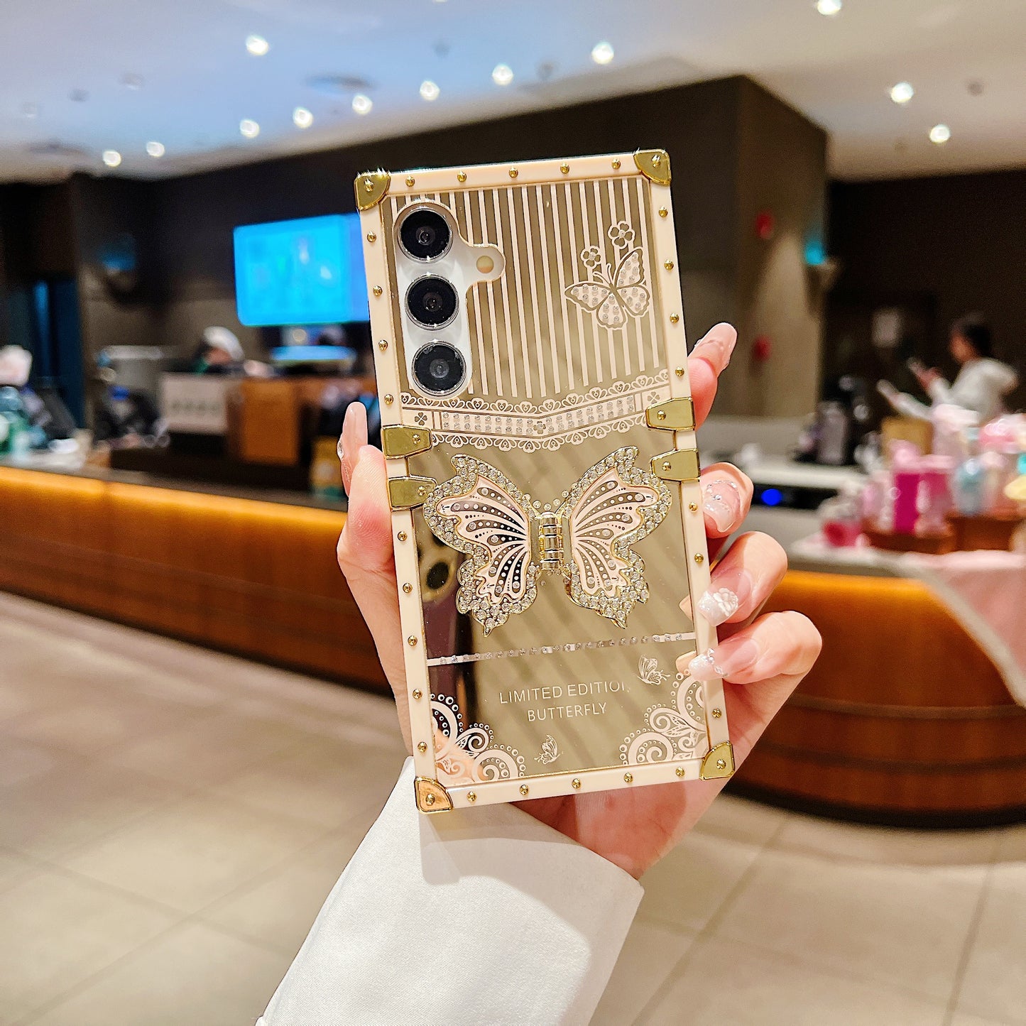LuxuryKase Premium Shockproof Designer Case | Bling Butterfly Mirror Finish | Metallic Corners & Elegant Studded Frame | Stylish Protective Cover For iPhone & Samsung Series