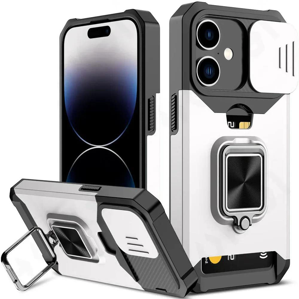 LuxuryKase LK177 Camera Slide Protection Card Holder Heavy Protective Ring Magnetic Kickstand Armor Case Cover For iPhone