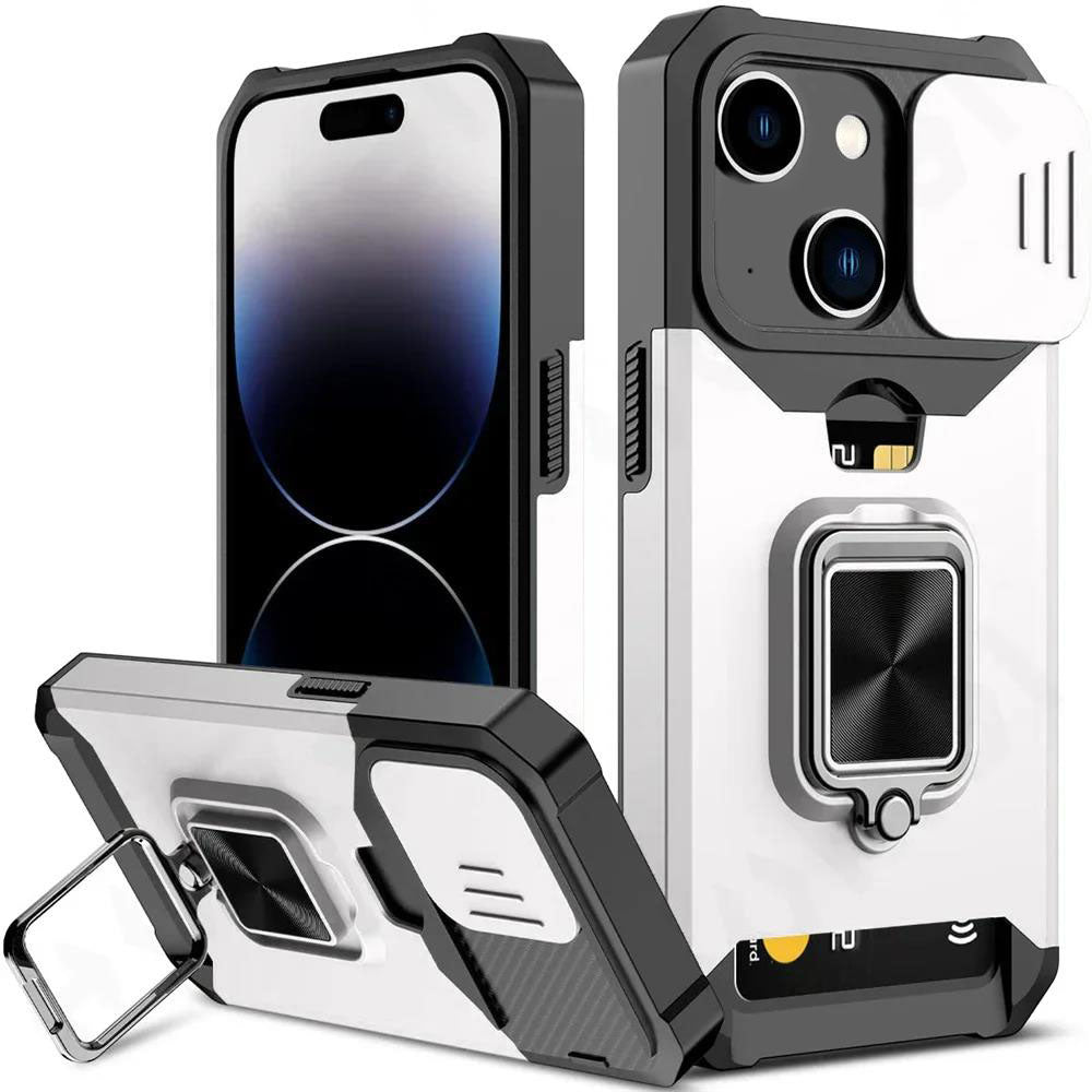 LuxuryKase Shockproof Armor Case | Slide Camera Cover | Hidden Card Slot | Rotating Ring Kickstand | Magnetic Car Mount Support | Military Grade Protection For iPhone & Samsung