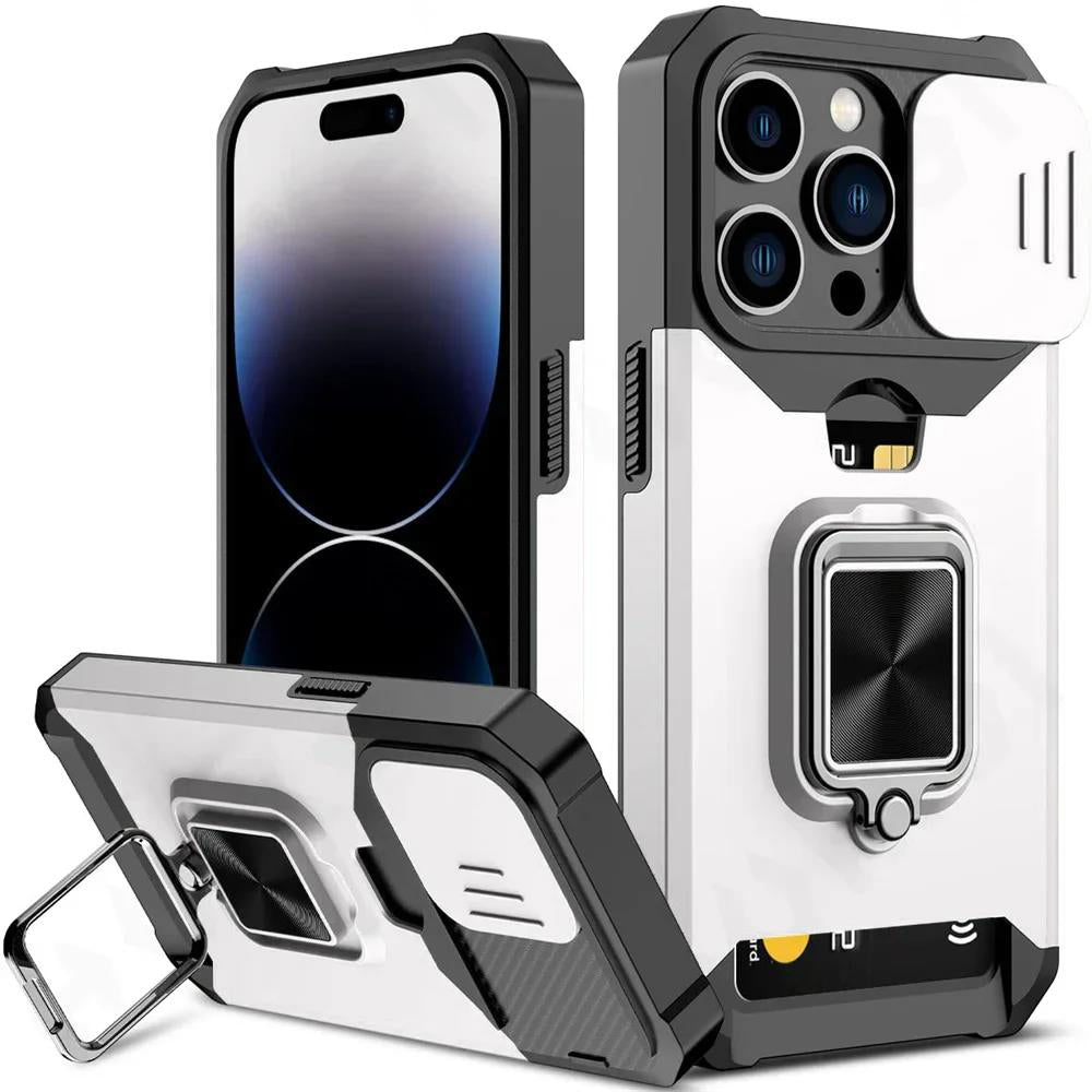 LuxuryKase LK177 Camera Slide Protection Card Holder Heavy Protective Ring Magnetic Kickstand Armor Case Cover For iPhone