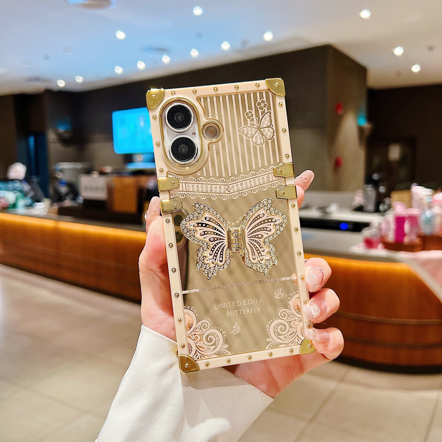 LuxuryKase Premium Shockproof Designer Case | Bling Butterfly Mirror Finish | Metallic Corners & Elegant Studded Frame | Stylish Protective Cover For iPhone & Samsung Series