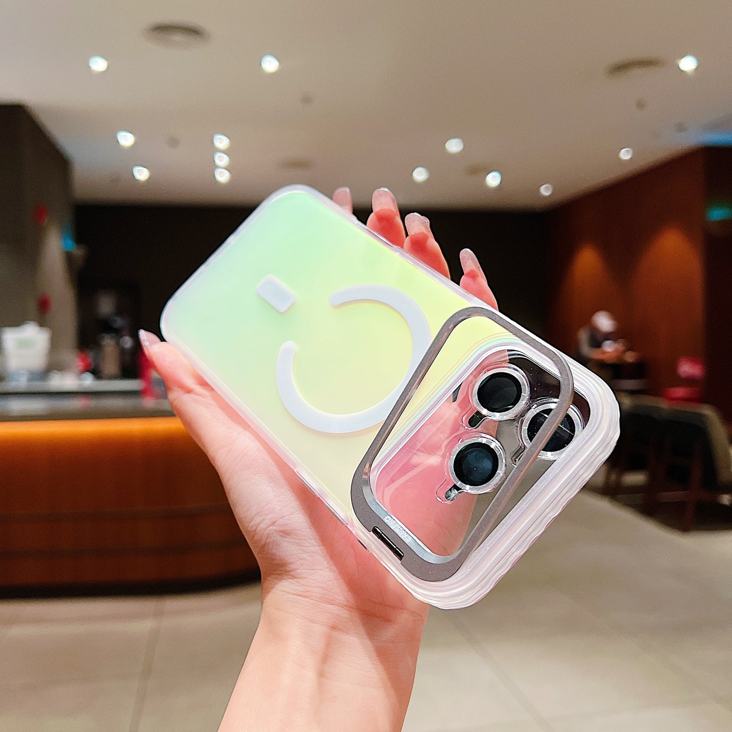 LuxuryKase LK169 Laser Gradient Lens Holder Stand Mag-Safe Case Cover For iPhone 16 & 17 Series