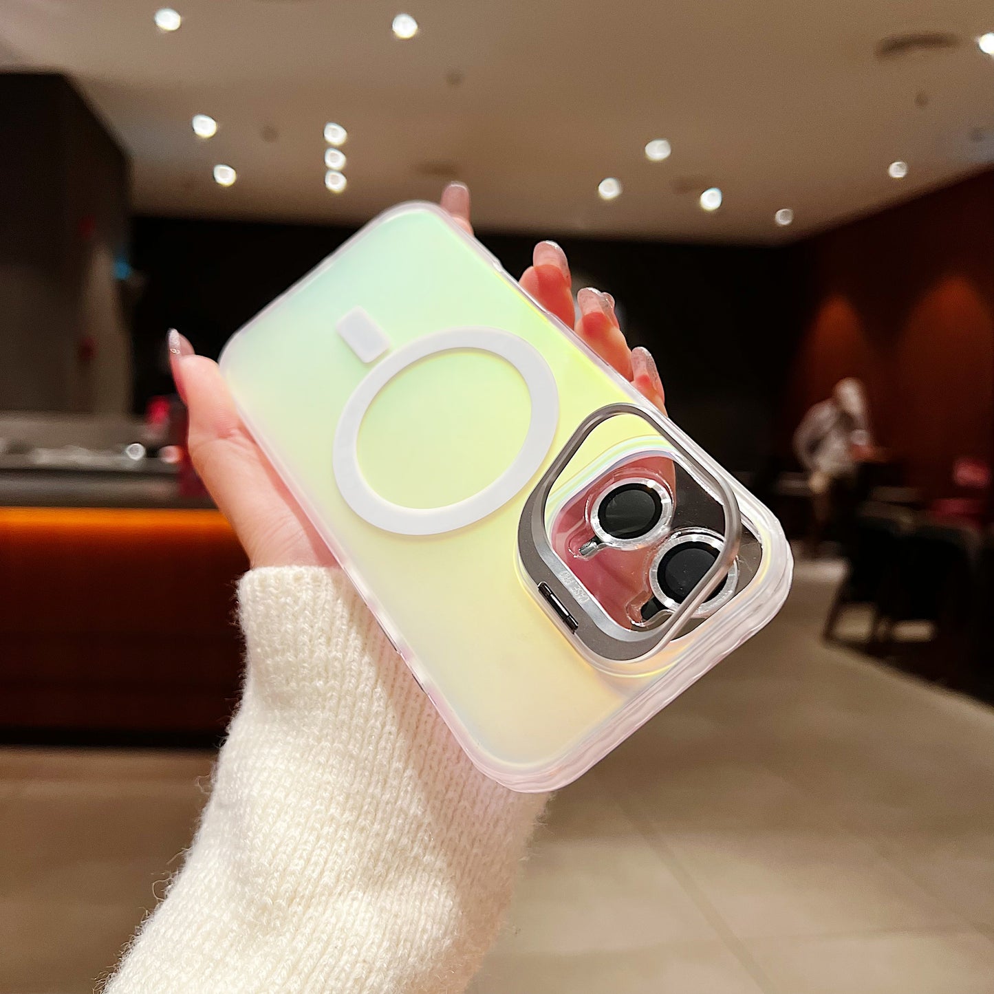 LuxuryKase LK169 Laser Gradient Lens Holder Stand Mag-Safe Case Cover For iPhone 16 & 17 Series