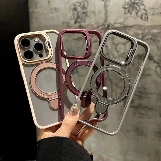 LuxuryKase LK176 Metal Camera Ring Kickstand Stand Transparent Mag-Safe Case Cover For iPhone