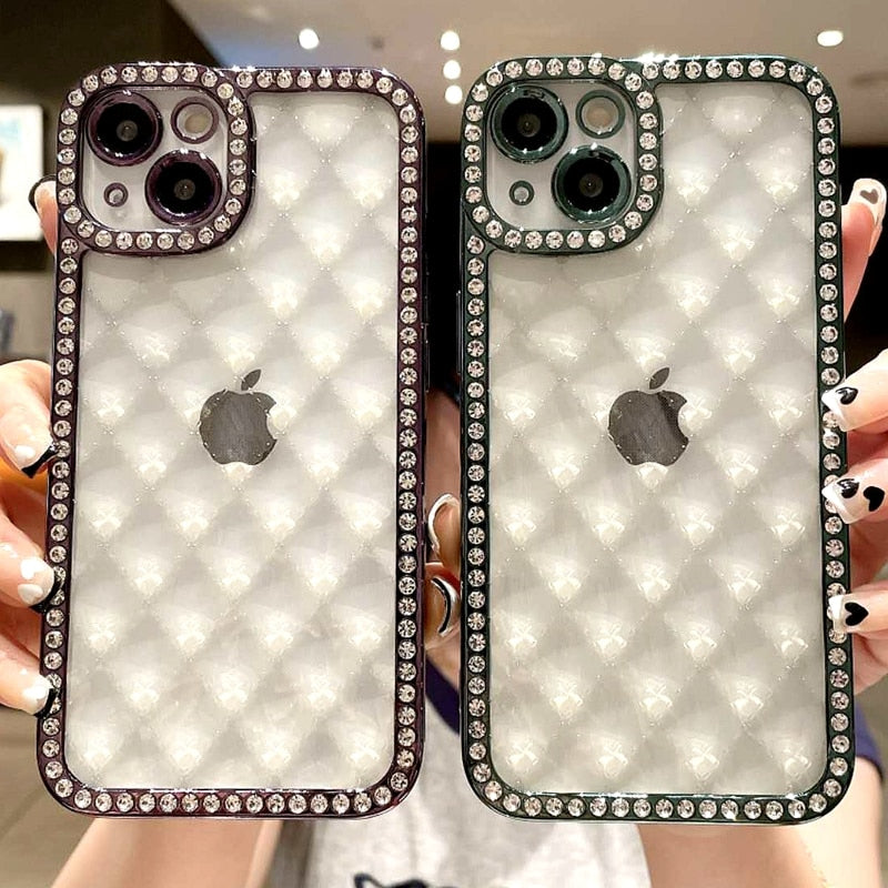 LuxuryKase Lingge Bling Glitter Bumper Transparent Shockproof Soft Case Cover For Iphone