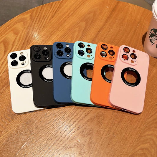 LuxuryKase Plain Hard PC Logo Cut Phone Case with Camera Lens Protector, Compatible with Mag-safe, Wireless Charging, and Magnetic Attachments For Iphone