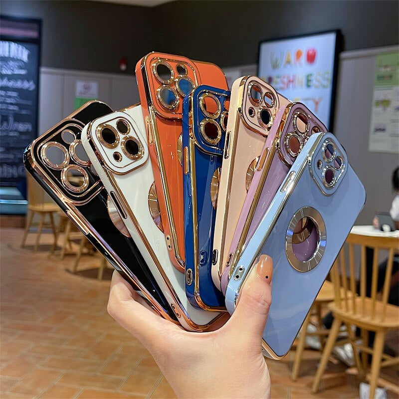 Luxury Gold Plated Logo Hole Phone Case For iPhone 11 12 13 14 Plus Mini Pro Max